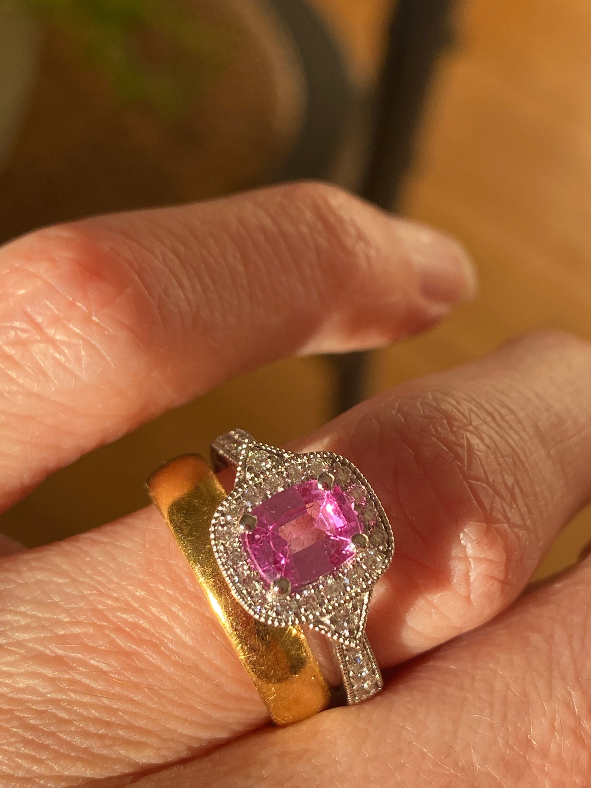 0.98 Carat Cushion Cut Pink Sapphire and 0.28 CTW Natural Diamond Halo Ring in Platinum