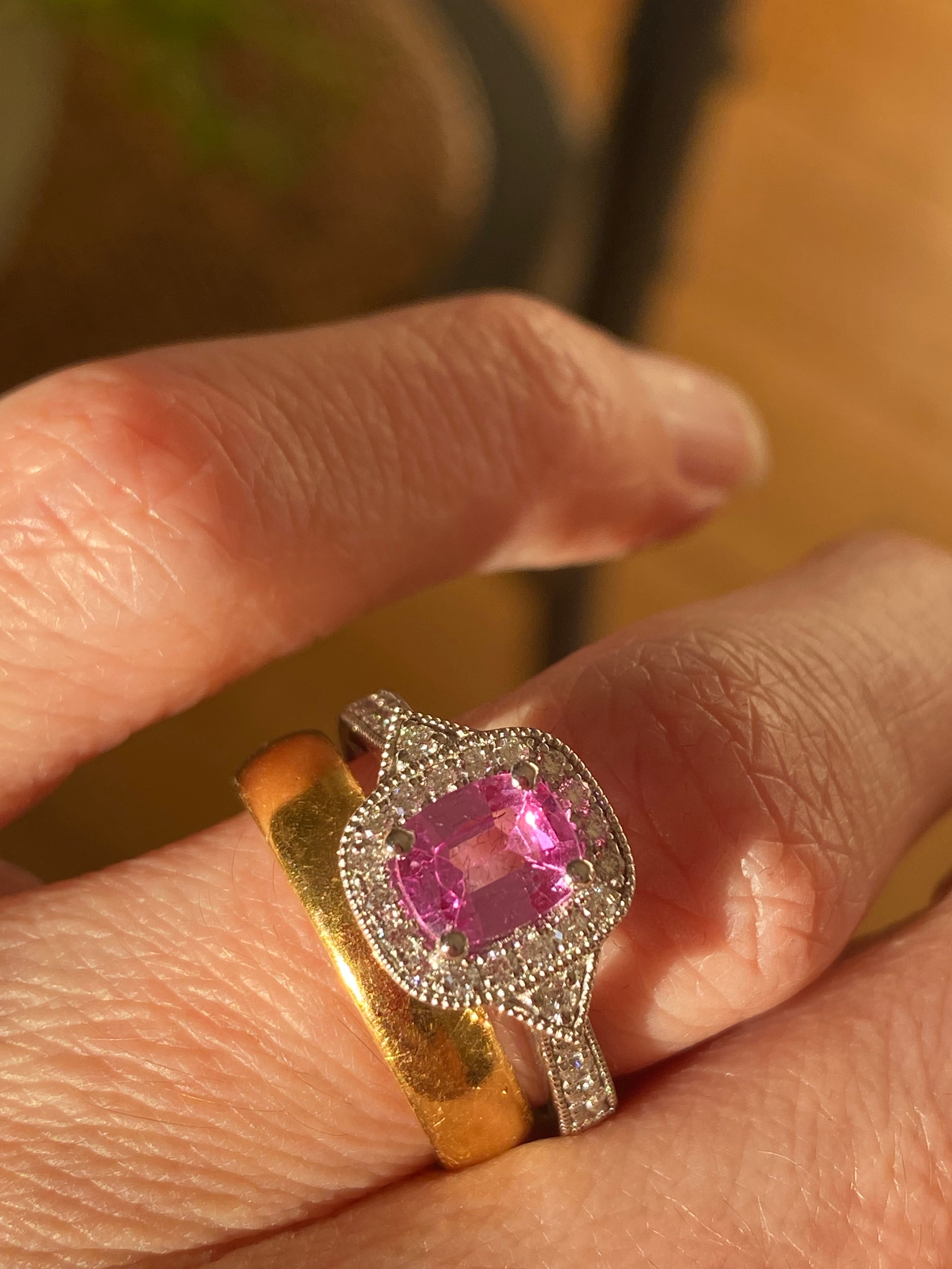 0.98 Carat Cushion Cut Pink Sapphire and 0.28 CTW Natural Diamond Halo Ring in Platinum