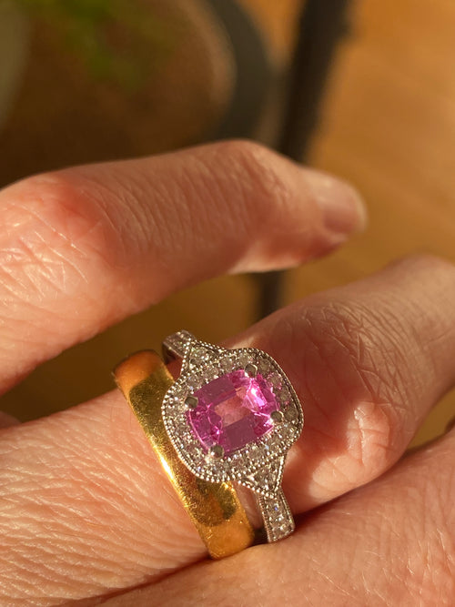 0.98 Carat Cushion Cut Pink Sapphire and 0.28 CTW Natural Diamond Halo Ring in Platinum