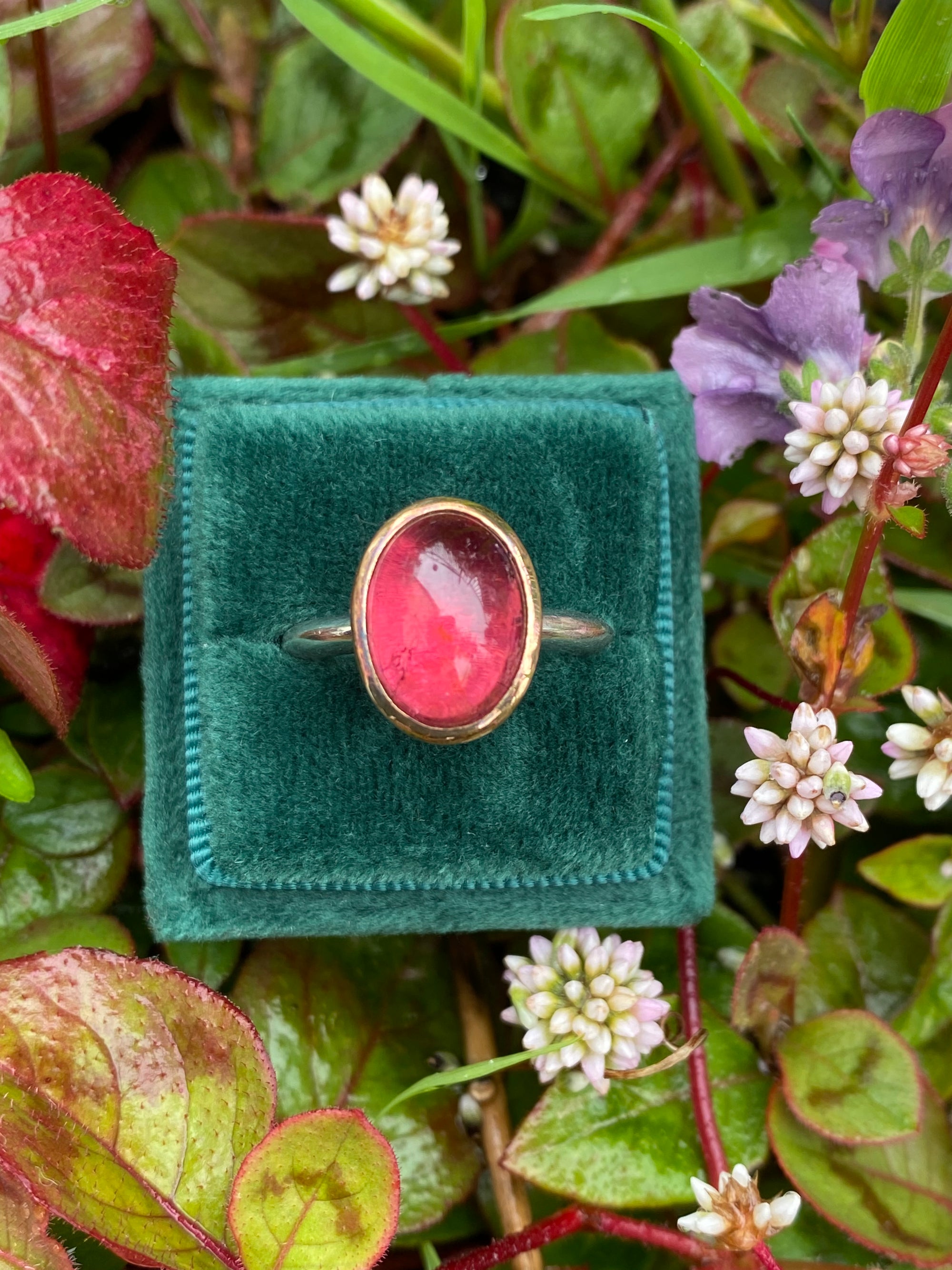 Cabochon Cut Pink Tourmaline Ring in Sterling Silver and 18ct Yellow Gold