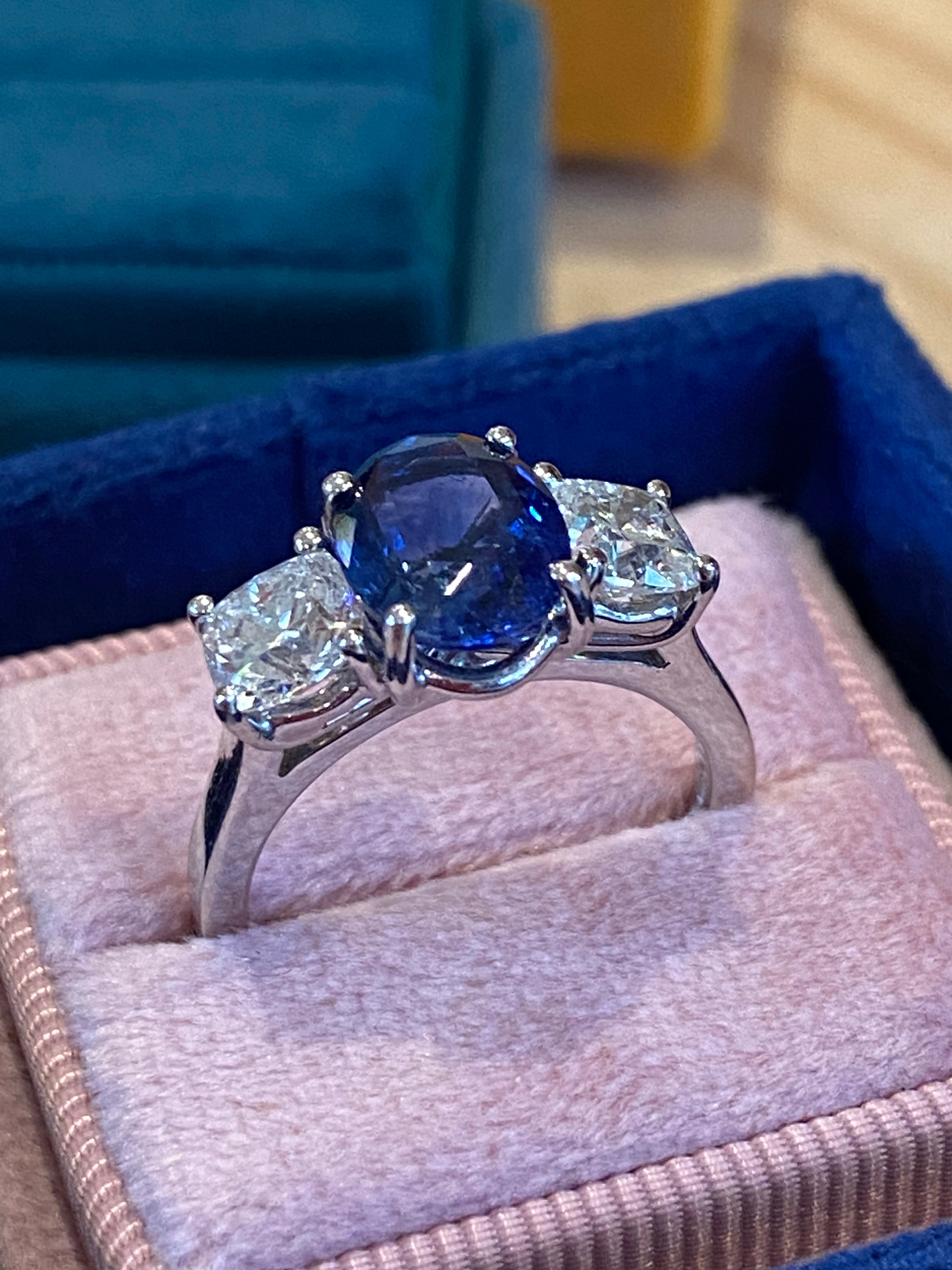 4.33 CTW Blue Ceylon Sapphire and Natural Diamond Three Stone Engagement Ring in Platinum