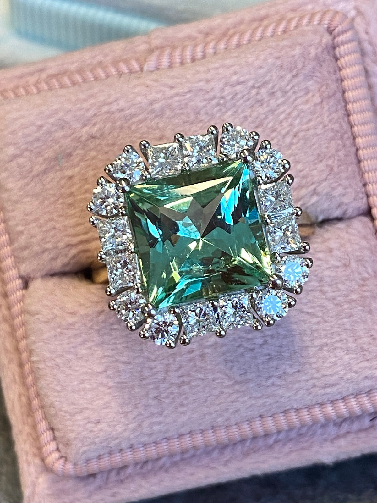 4.73 CTW Princess Cut Mint Tourmaline and Natural Diamond Ring in Platinum and 18ct Yellow Gold