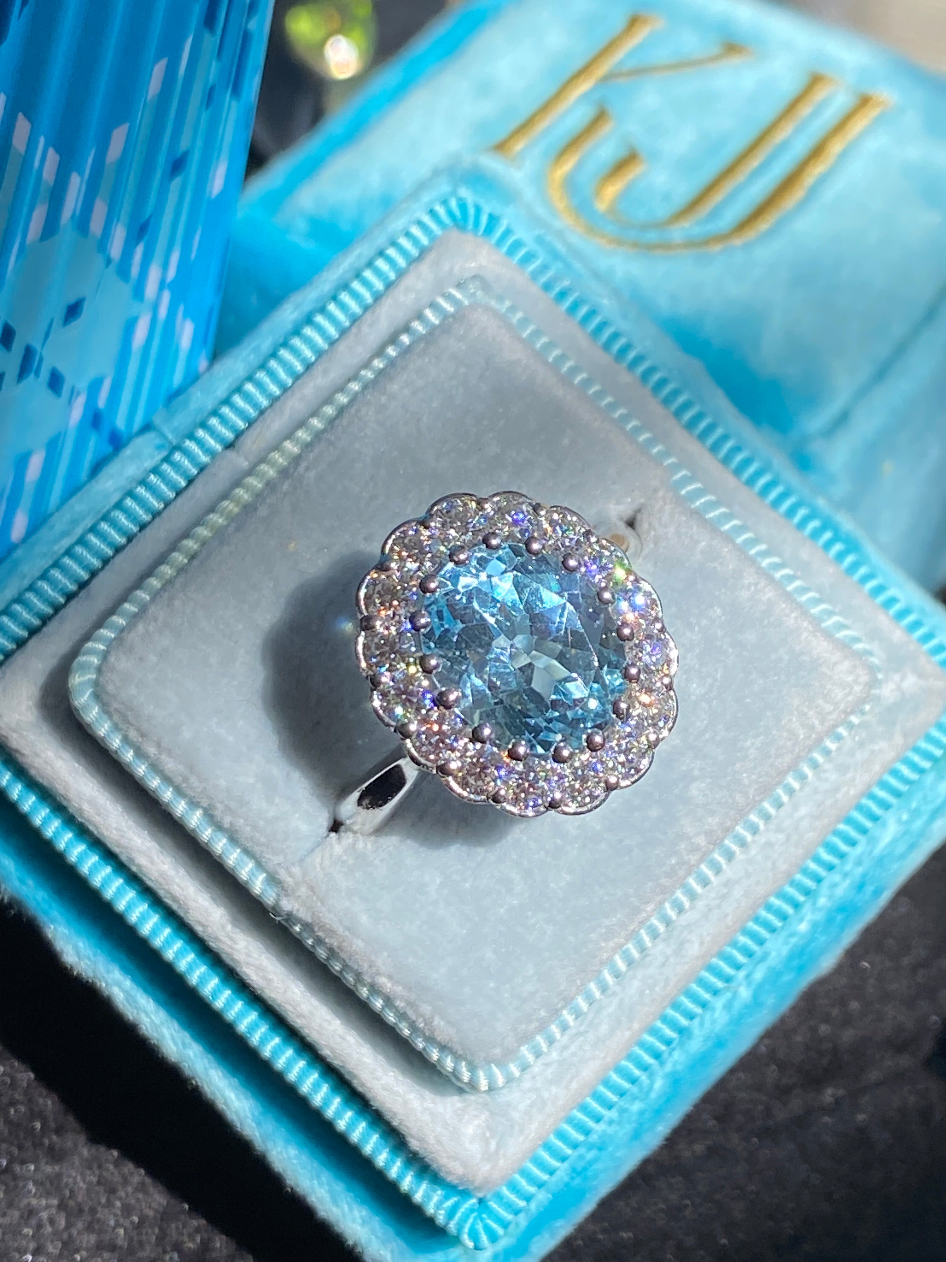 5.50 CTW Oval Cut Blue Topaz and Moissanite Halo Cocktail Ring