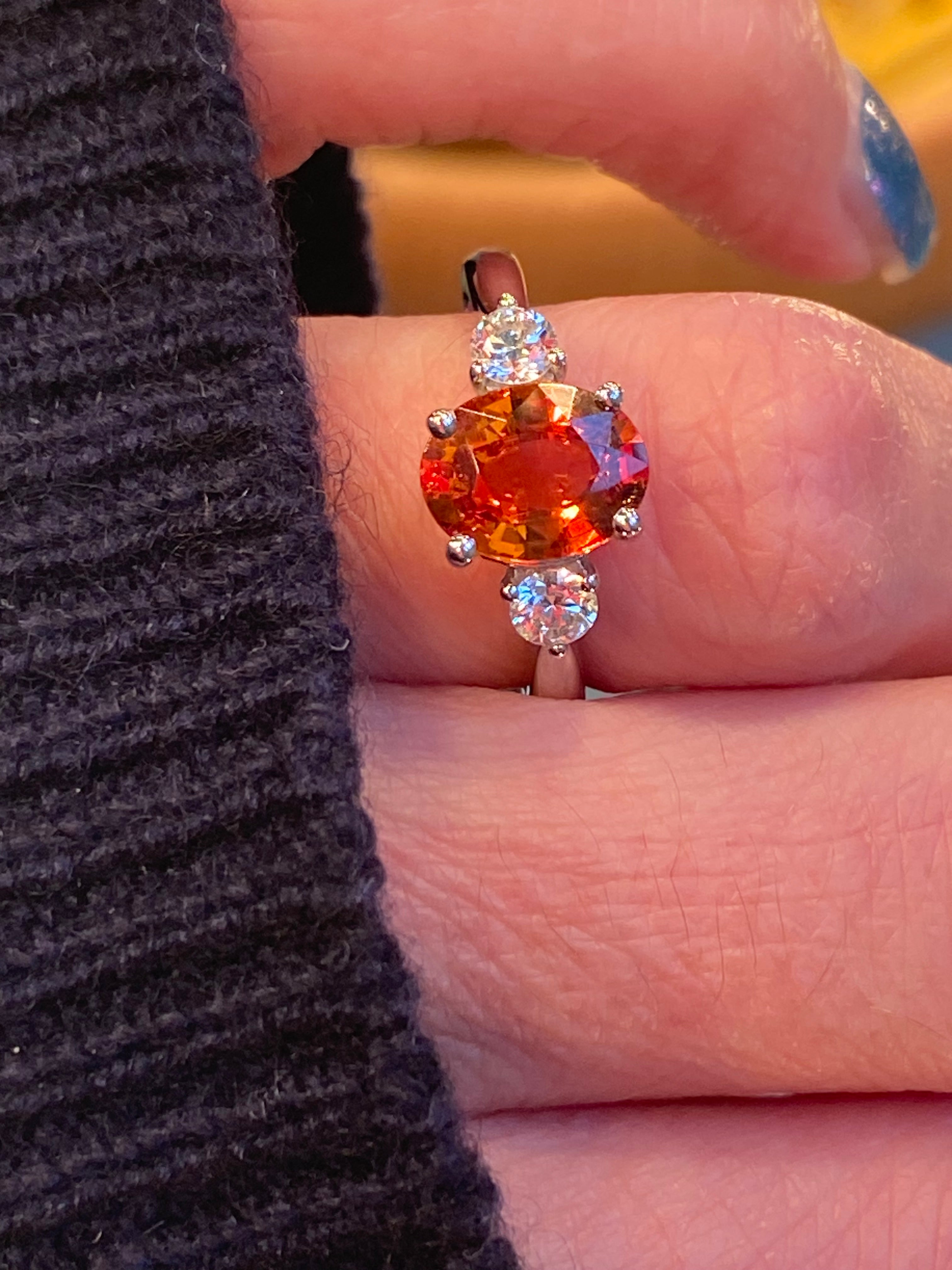 2.42 CTW Mandarin Garnet and Natural Diamond Three Stone Ring in Platinum
