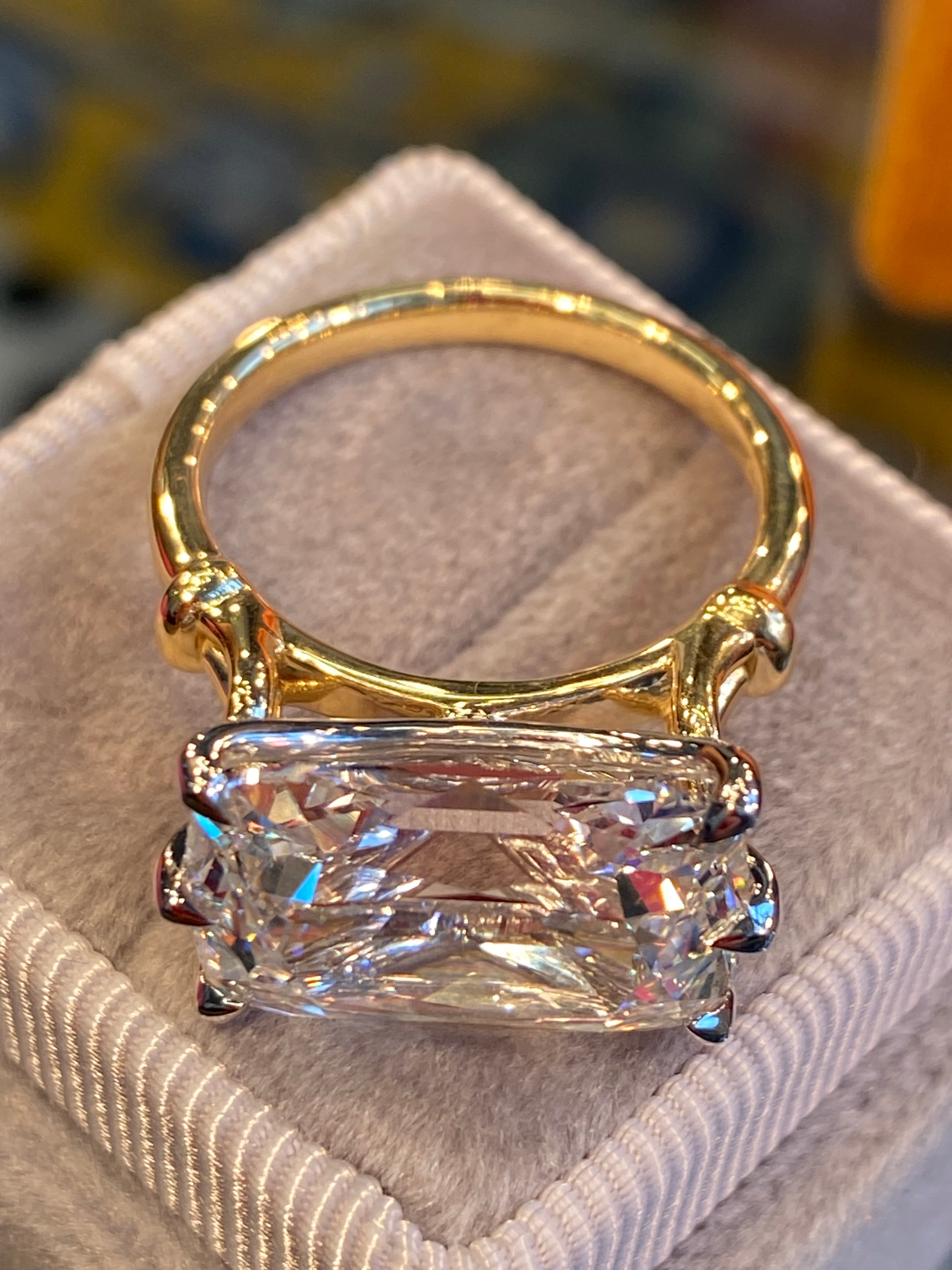 8.09 Carat Old Mine Cut Lab Diamond East West Solitaire Engagement Ring in 18ct Yellow Gold and Platinum