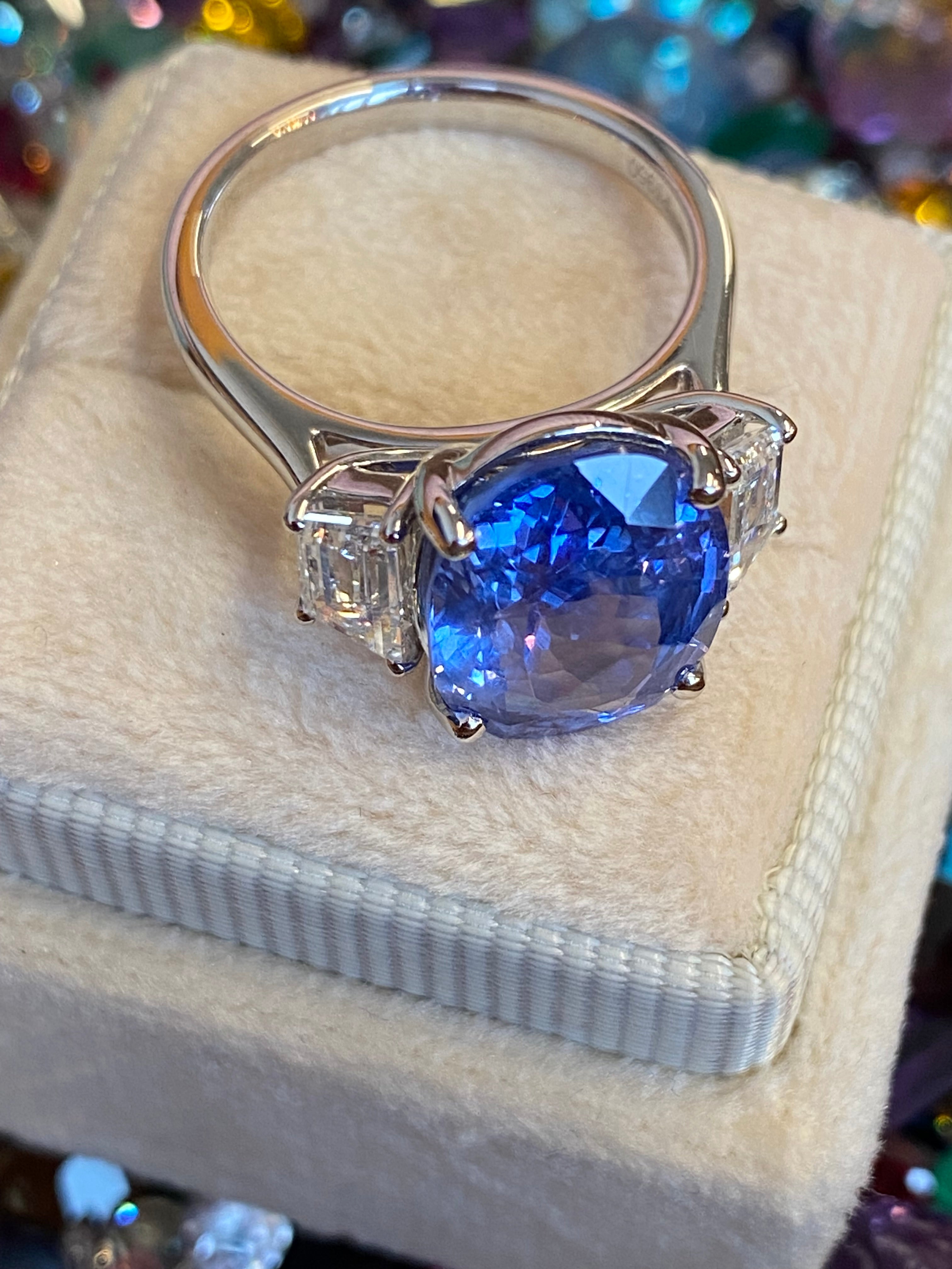 6.25 Carat Unheated Blue Ceylon Sapphire and 0.95 Carat Diamond Ring