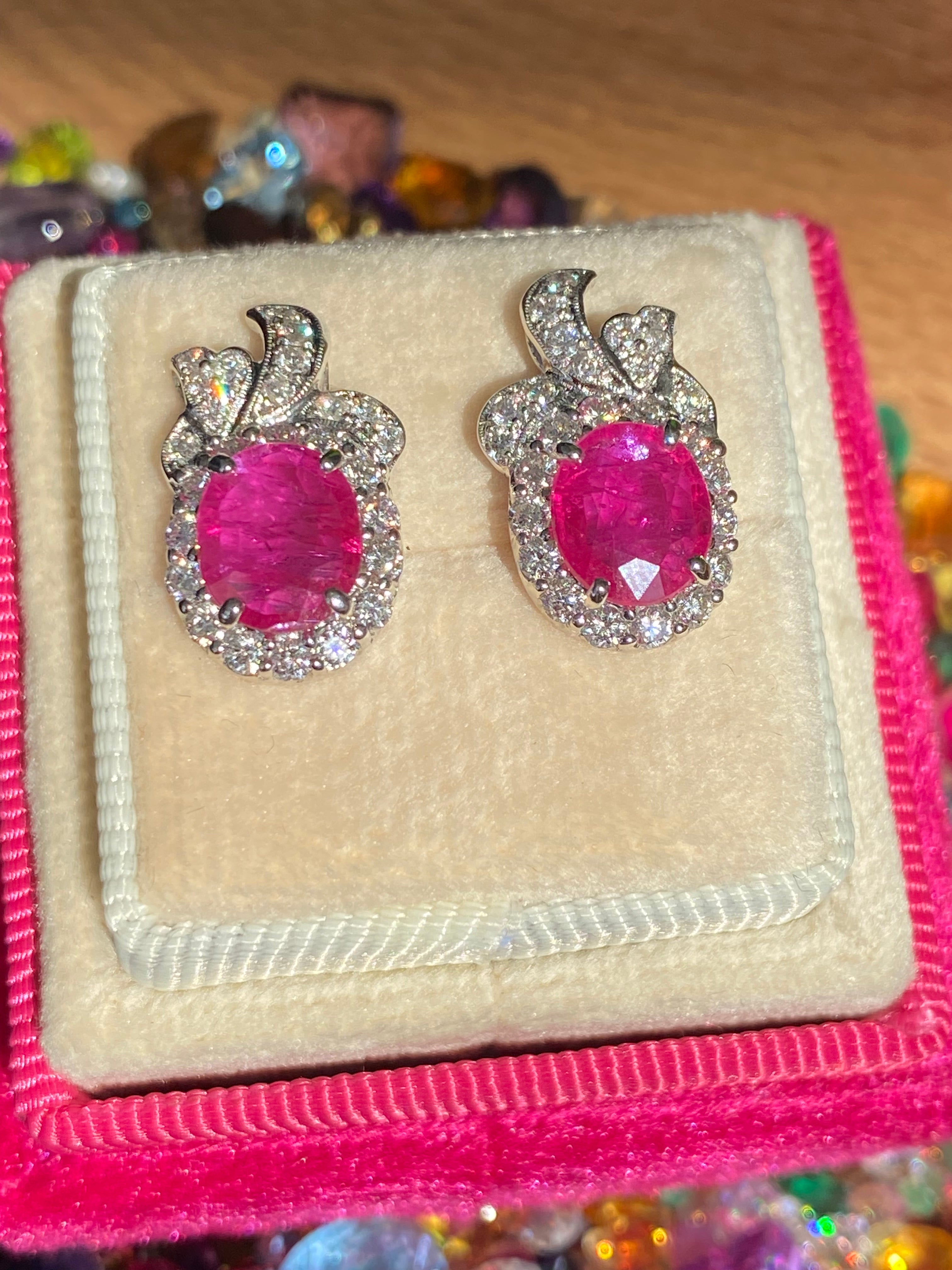 3.98 CTW Vintage Burmese Ruby Stud Earrings in 18ct White Gold