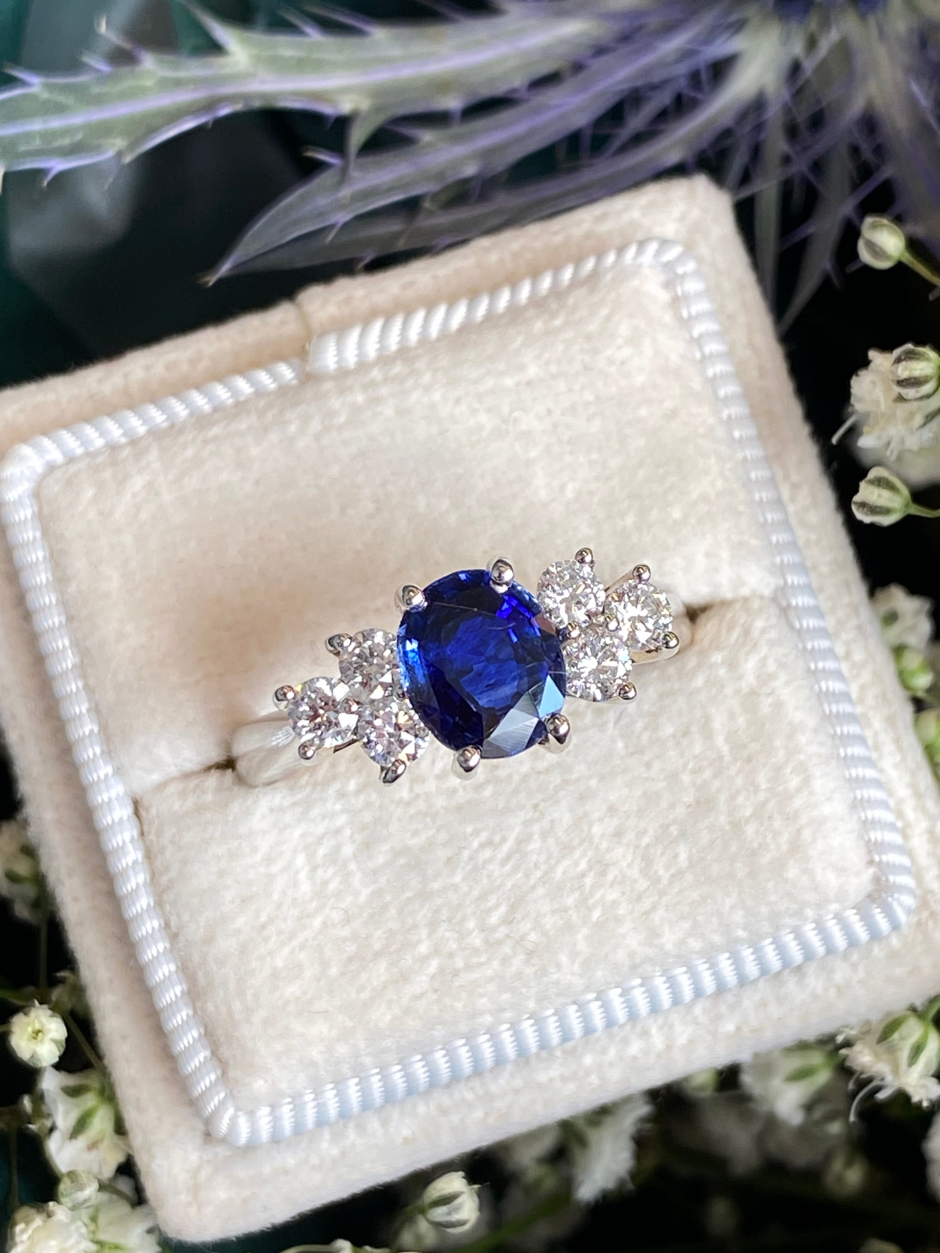 1.92 CTW Blue Ceylon Sapphire and Natural Diamond Trefoil Engagement Ring in Platinum