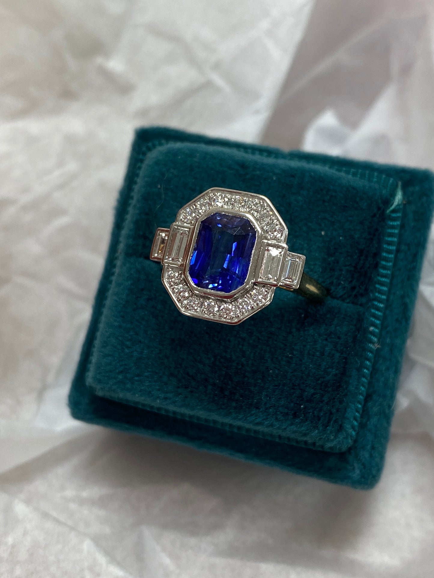 2.06 Carat Emerald Cut Sapphire and Natural Diamond Halo Ring in Platinum and 18ct Yellow Gold