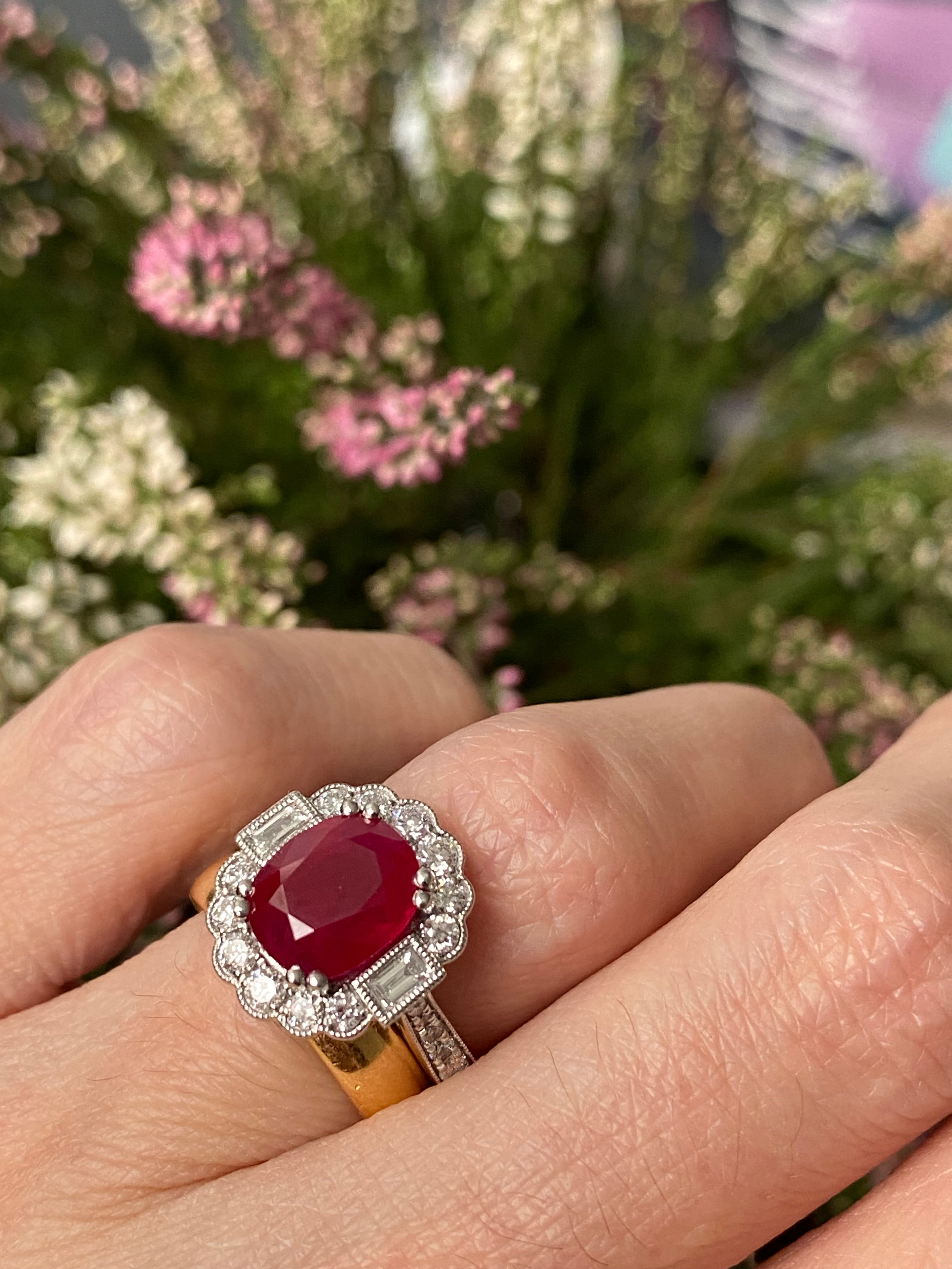 3.54 Carat Oval-Cut Ruby and 0.77 ctw Natural Diamond Halo Ring in Platinum