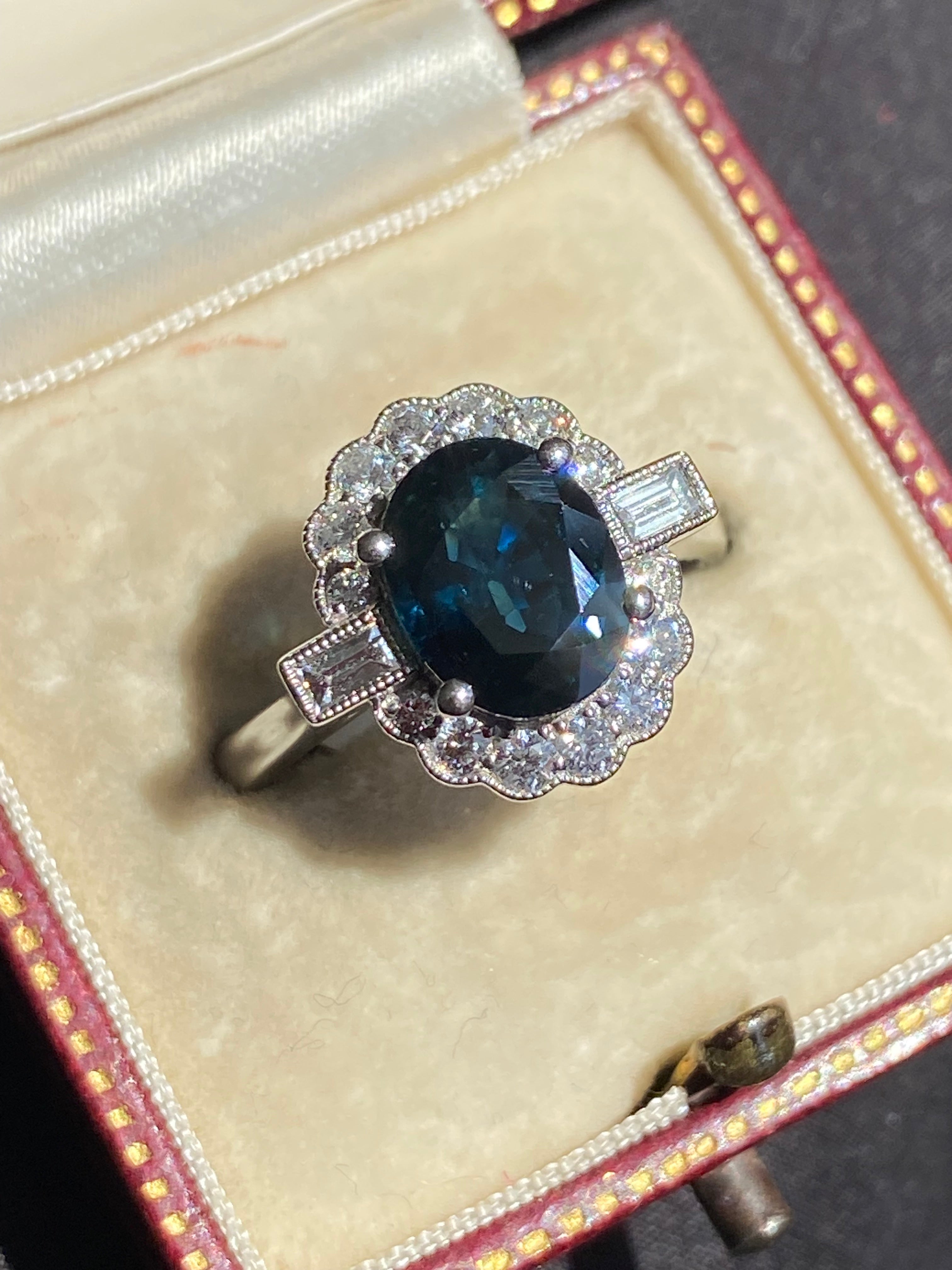 2.66 CTW Teal Sapphire and Natural Diamond Ring in Platinum