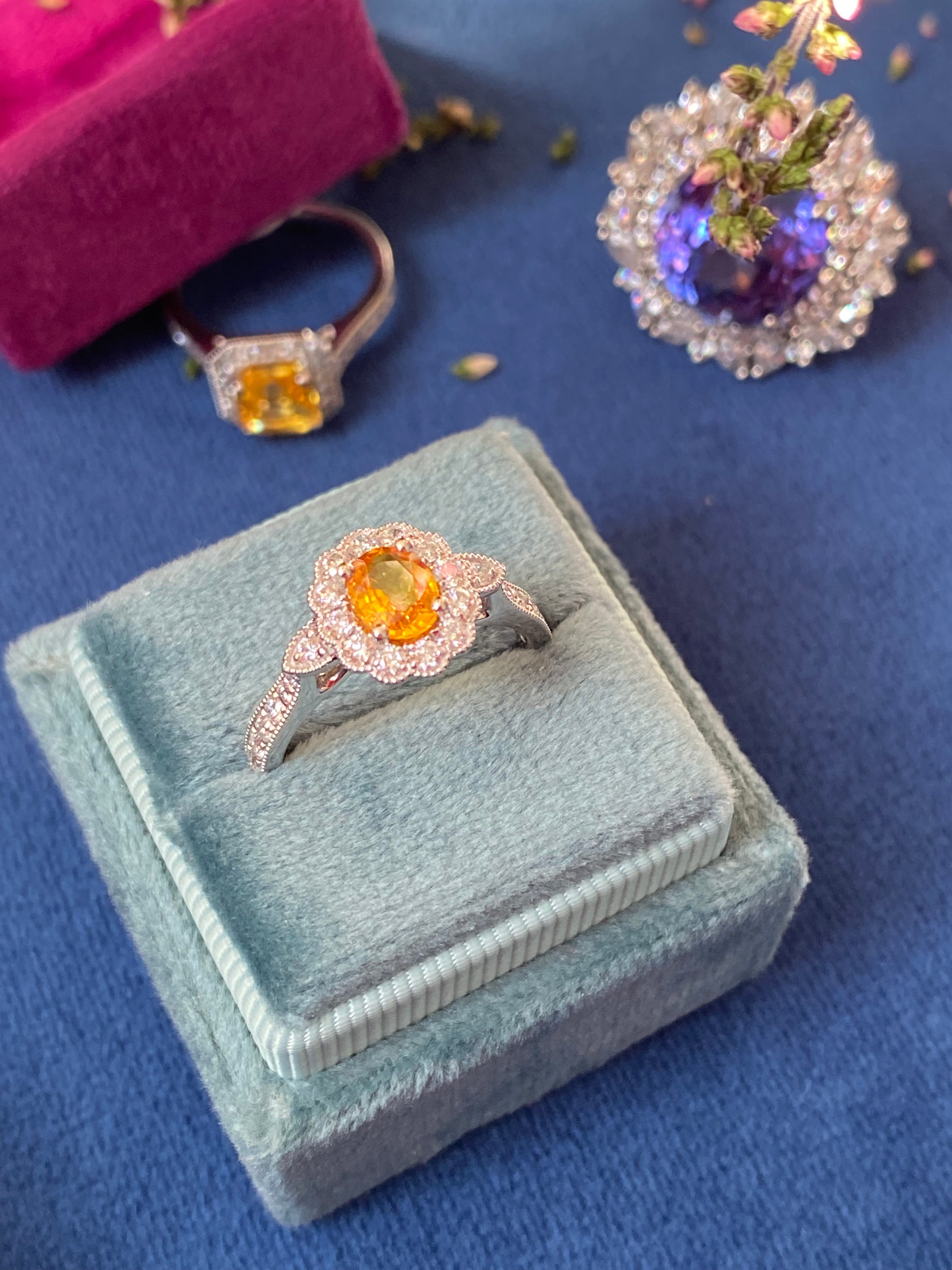 1.20ctw Orangey Yellow Sapphire and Natural Diamond Halo Ring in Platinum