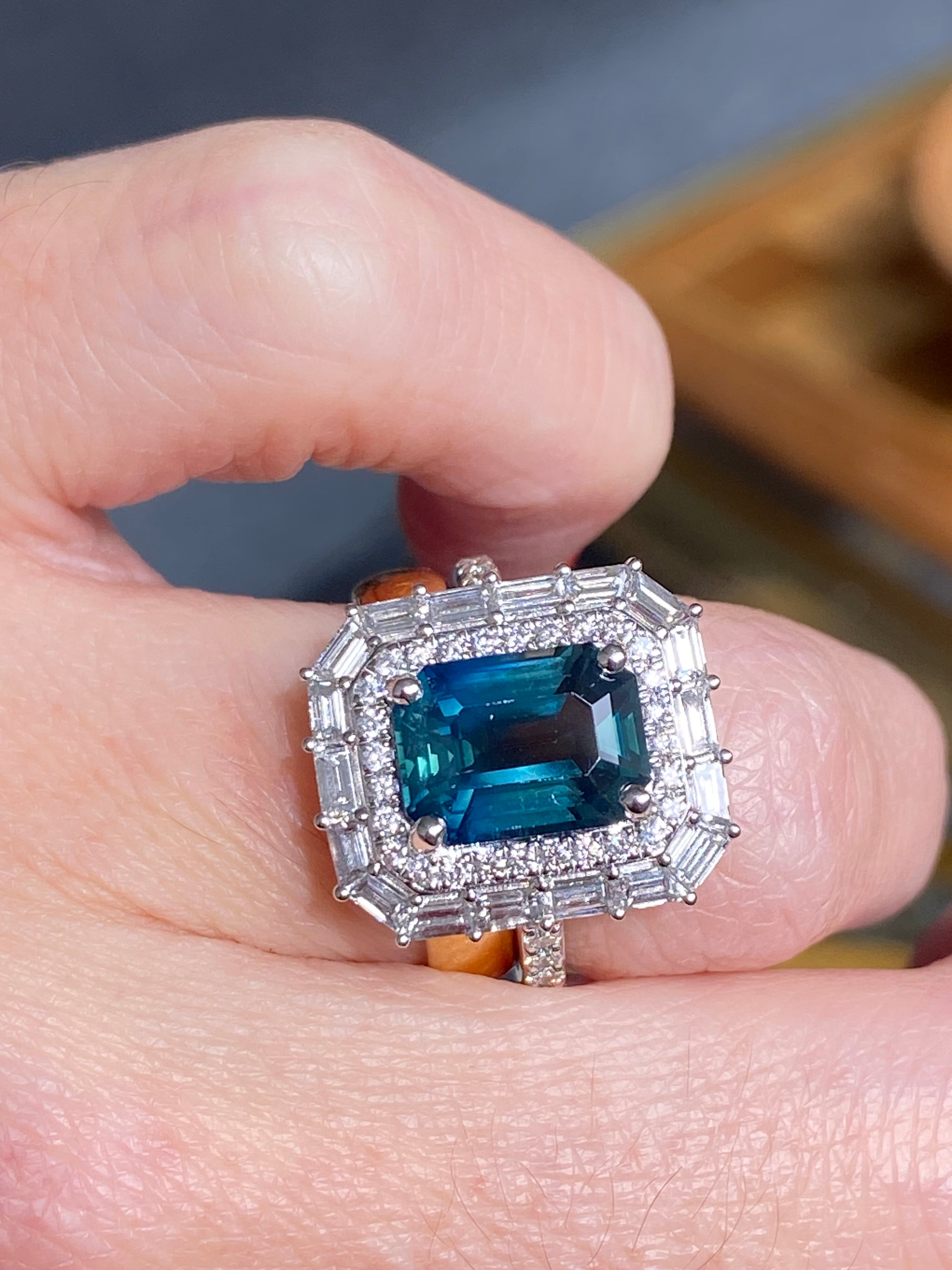 5.34 CTW Ceylon Teal Sapphire and Natural Diamond Ring in Platinum