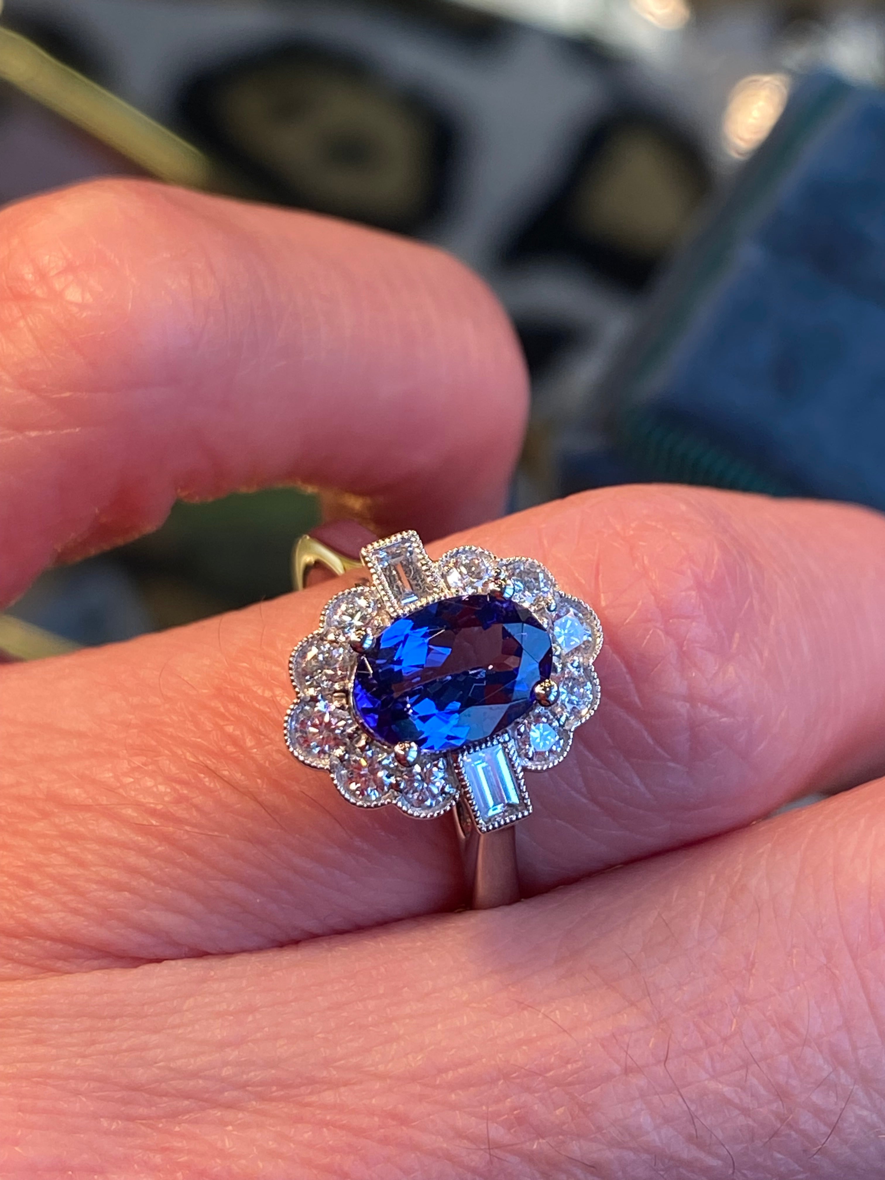 1.86 CTW Tanzanite and Natural Diamond Art Deco Style Ring in Platinum