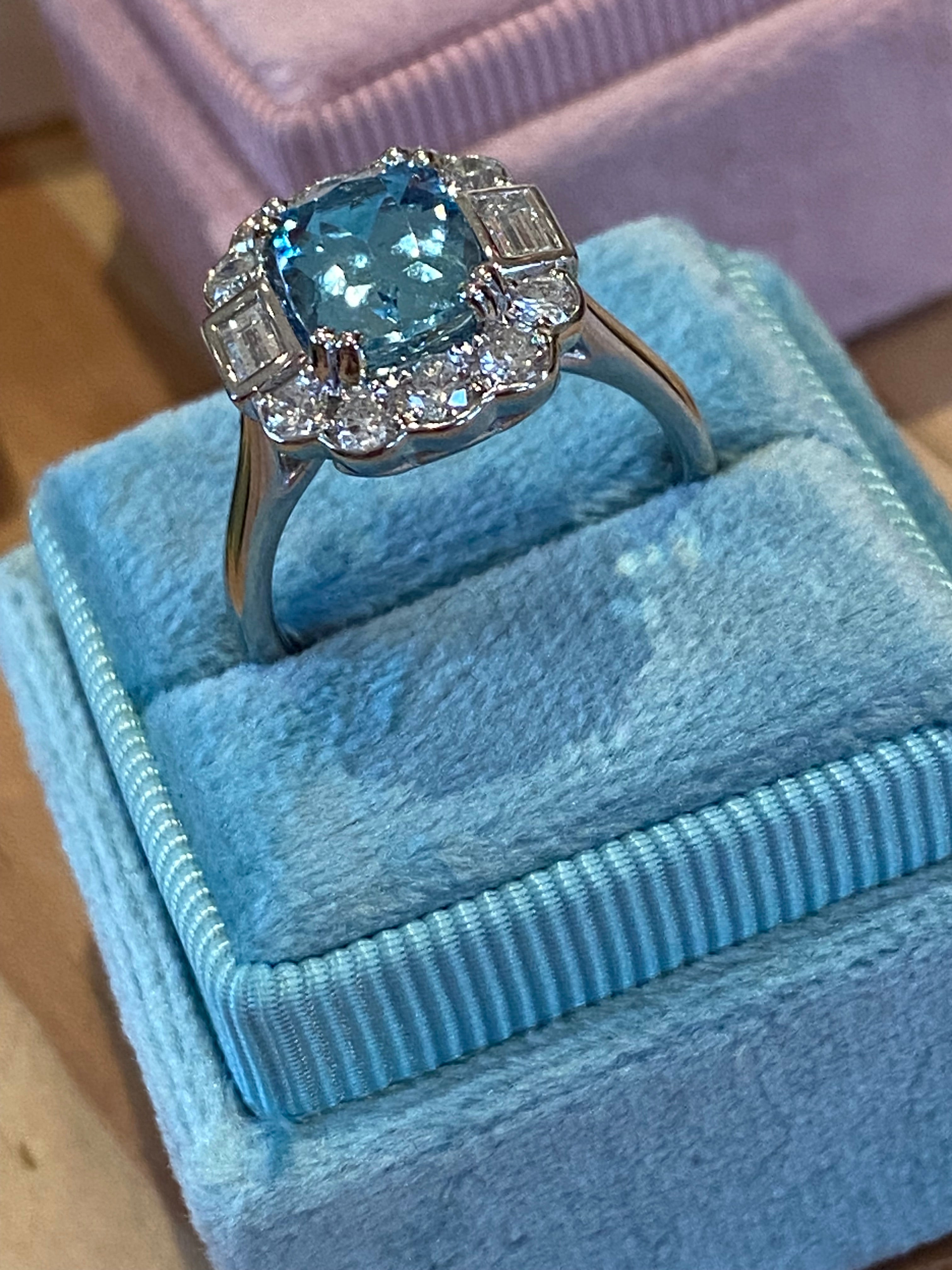 2.86 CTW Cushion Cut Aquamarine and Diamond Engagement Ring in Platinum