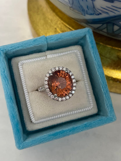 6.10 Carat Oval Cut Rose Pink Tourmaline and Natural Diamond Ring in Platinum