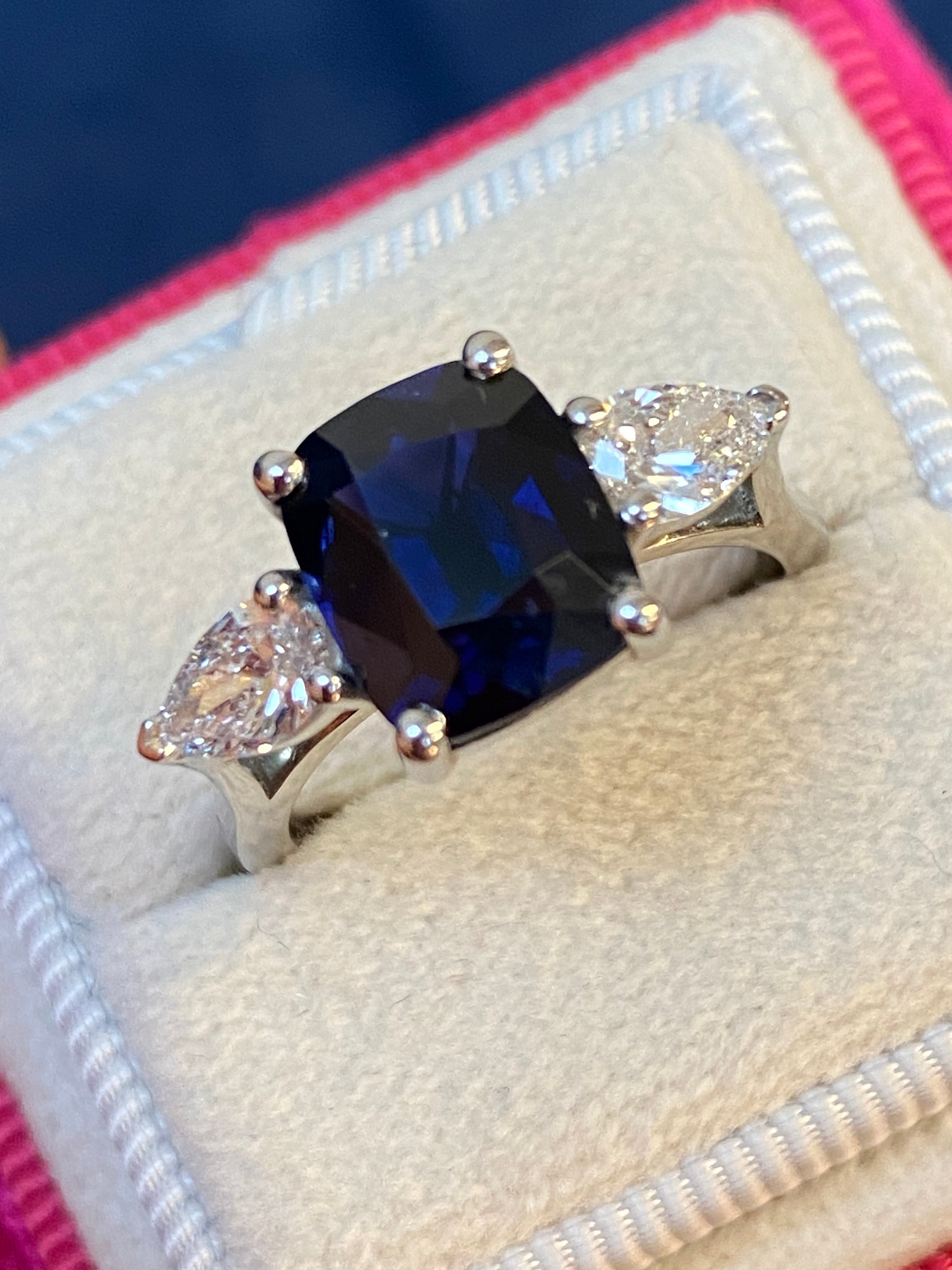 4.04 CTW Deep Blue Ceylon Sapphire and Natural Diamond Three Stone Engagement Ring in Platinum