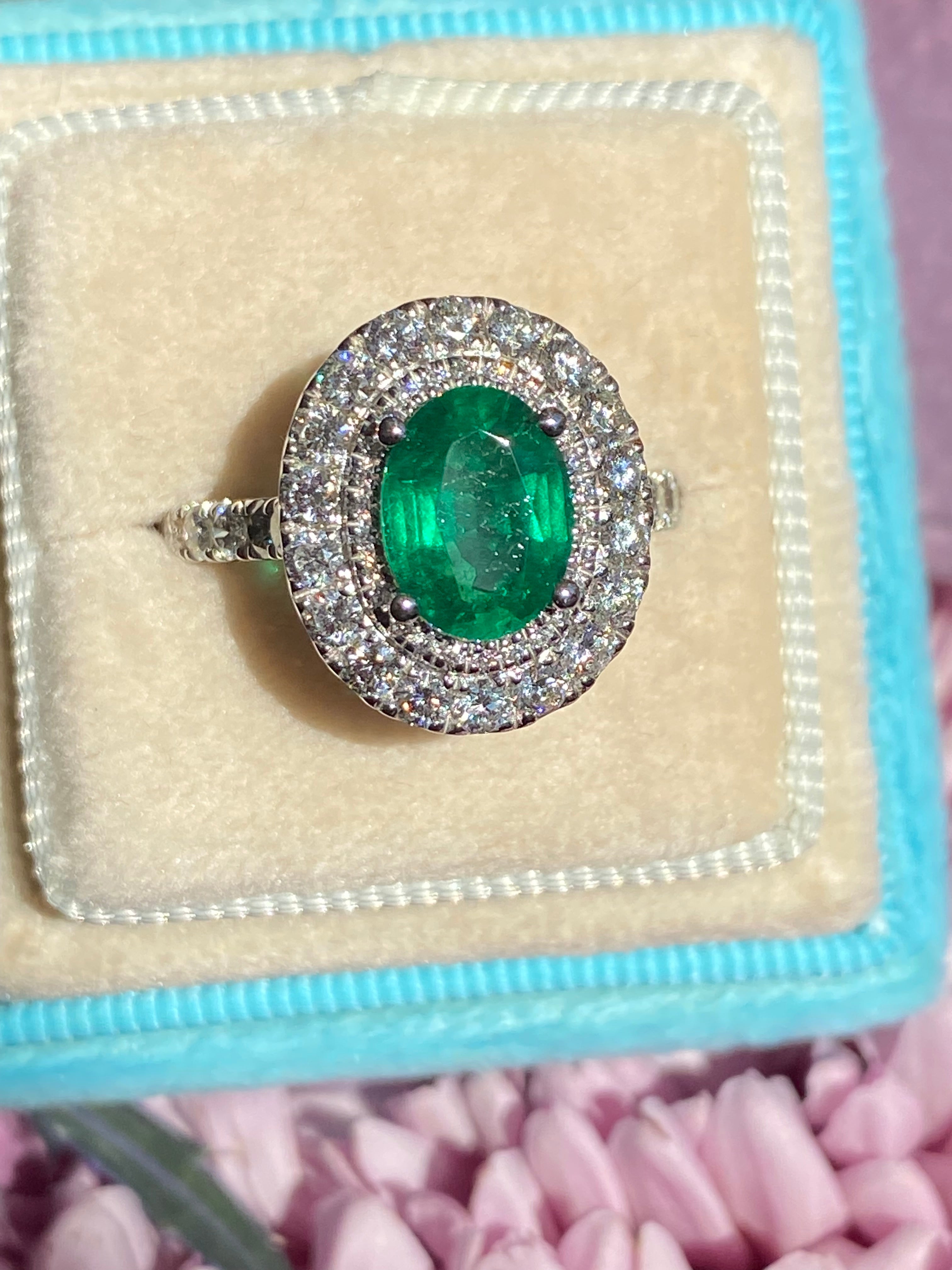 3.11 CTW Emerald and Natural Diamond Double Halo Ring in Platinum