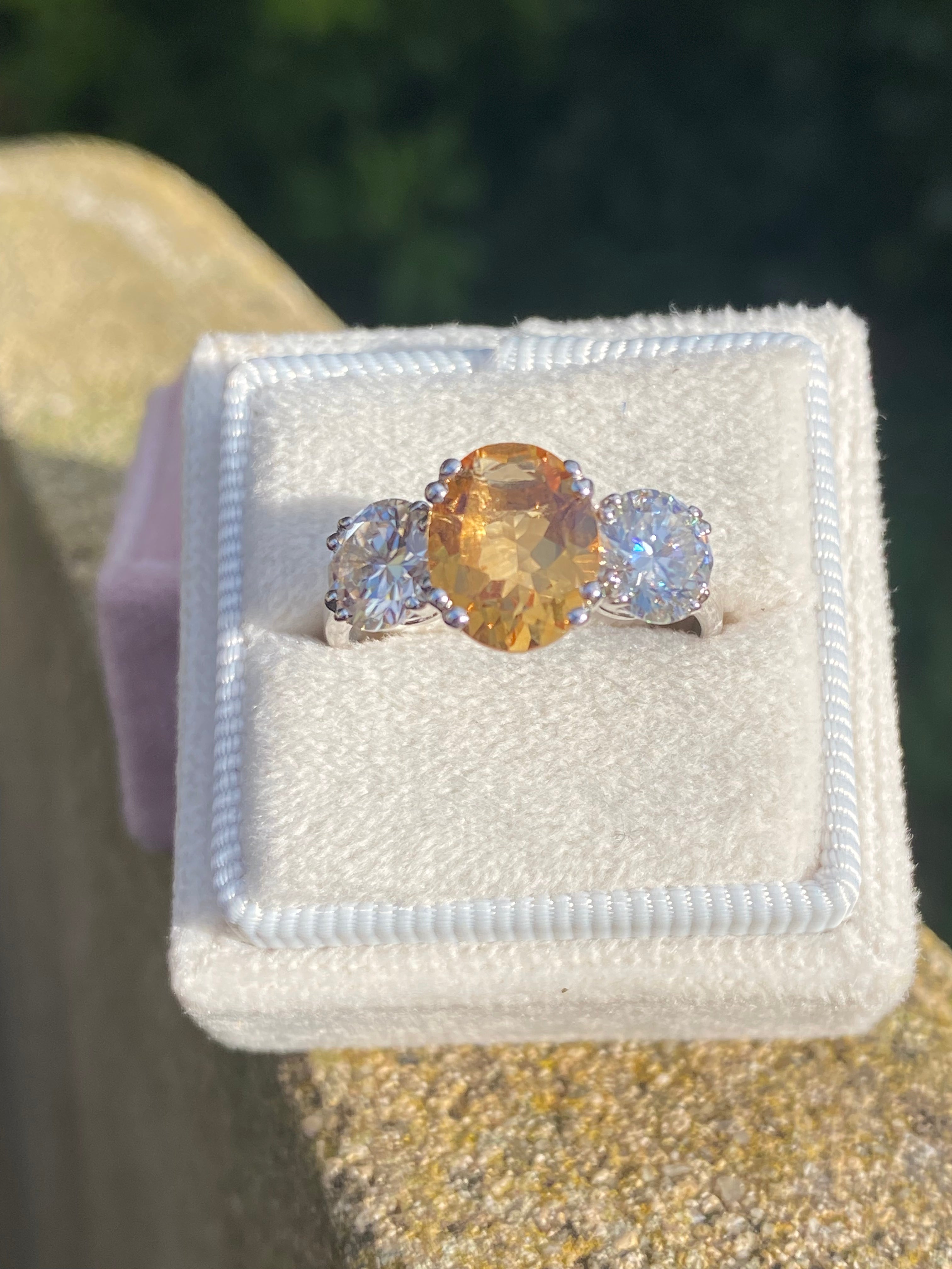 2.57 Carat Citrine and 1.84 Carat Moissanite Three Stone Ring in Sterling Silver