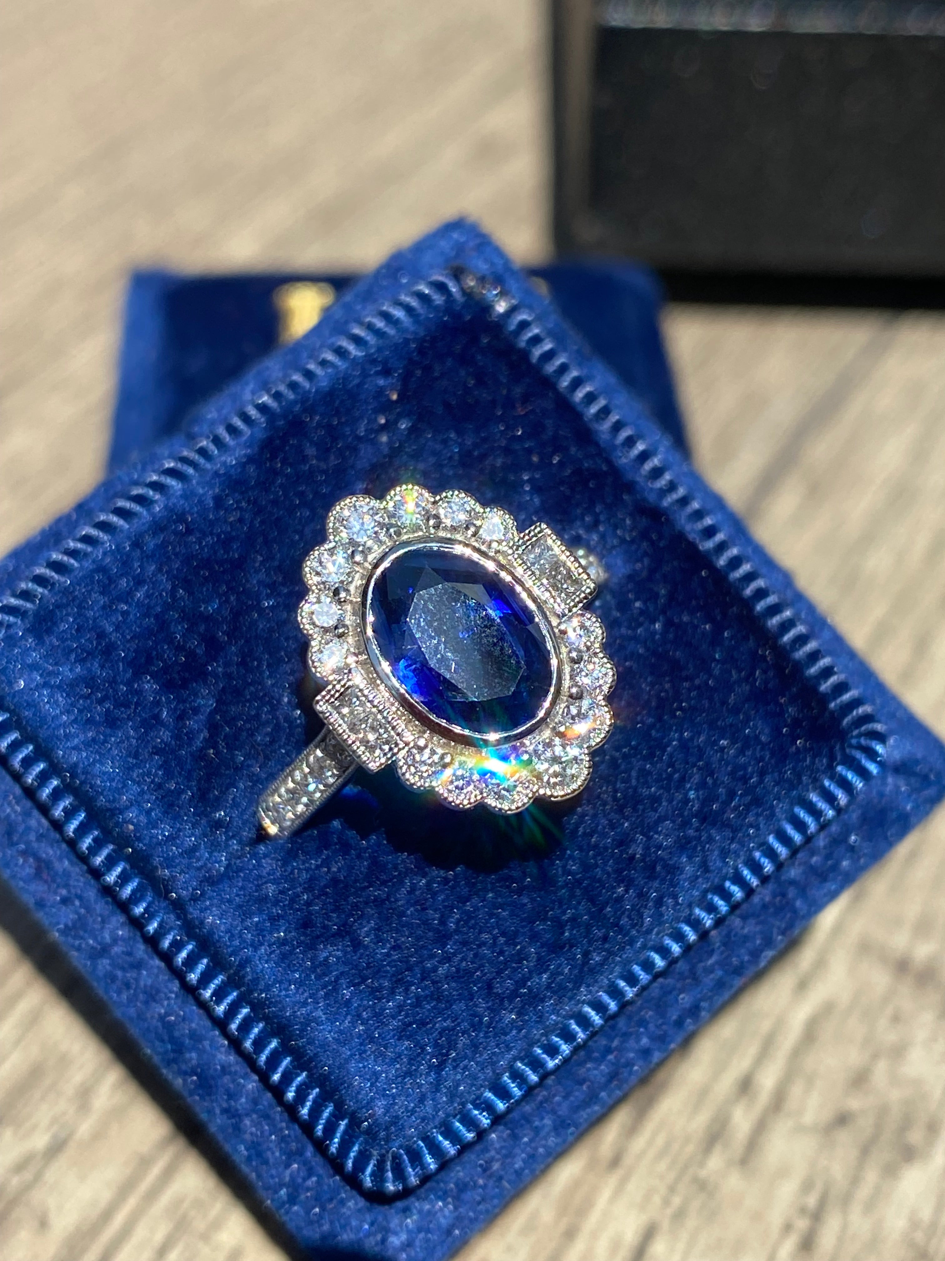 1.95 Carat Blue Ceylon Sapphire and Natural Diamond Halo Ring in Platinum