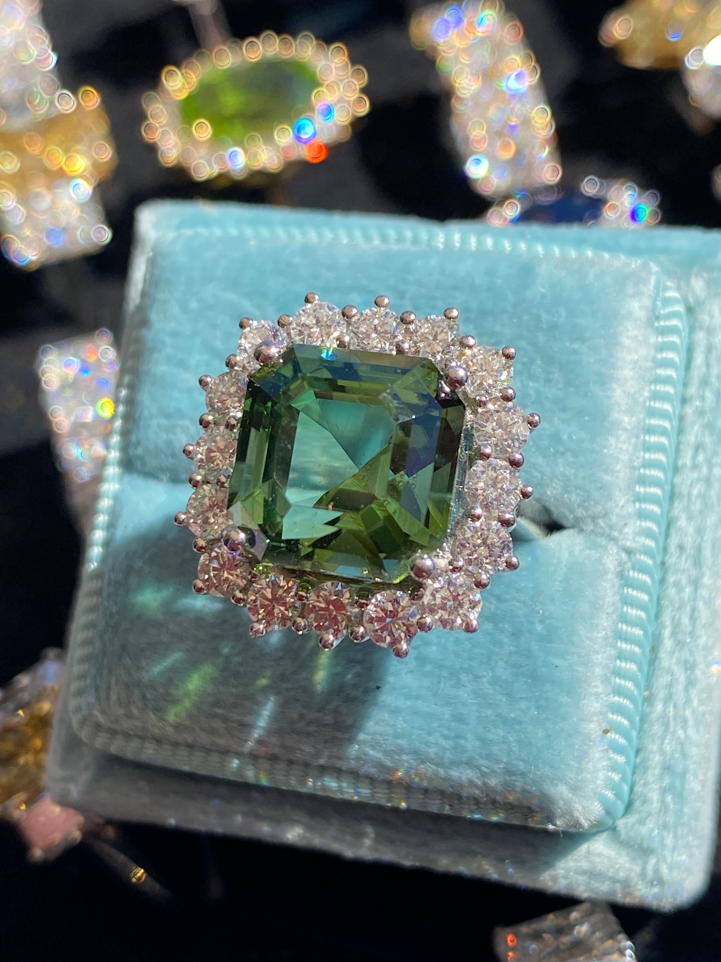 8.44 Carat Asscher Cut Green Tourmaline and 1.38ctw Natural Diamond Ring in Platinum