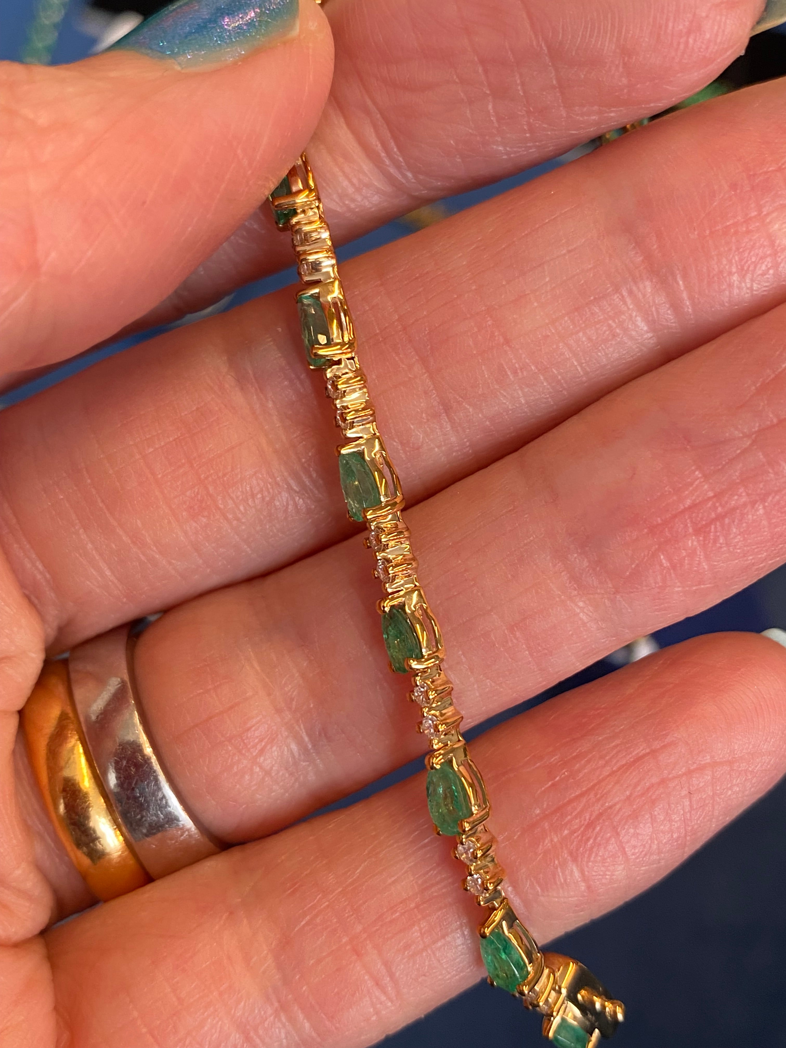 4.22 CTW Emerald and Natural Diamond Line Tennis Bracelet in 9ct Yellow Gold