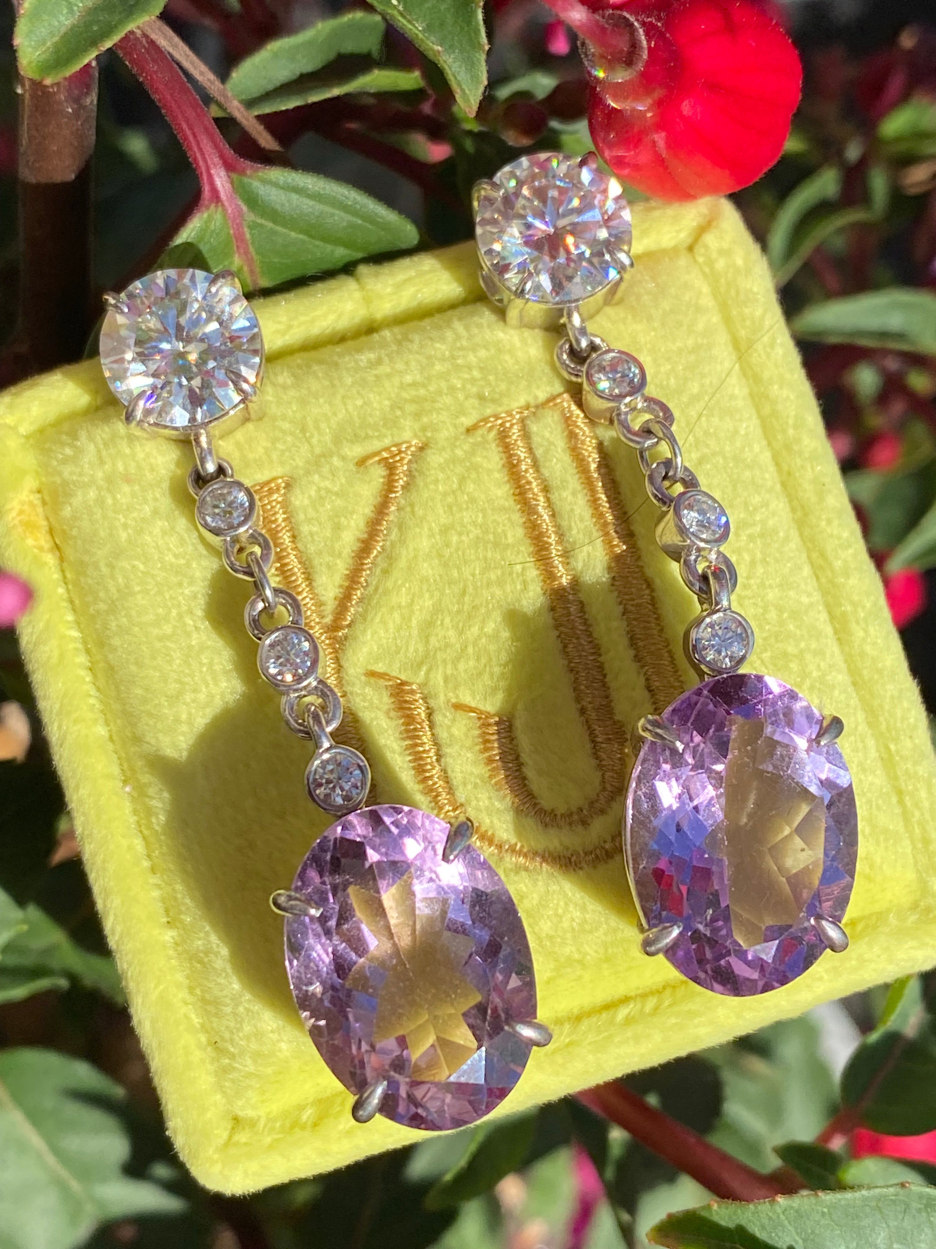 28.00 Carat Oval Cut Rose de France Amethyst and Moissanite Earrings in Sterling Silver
