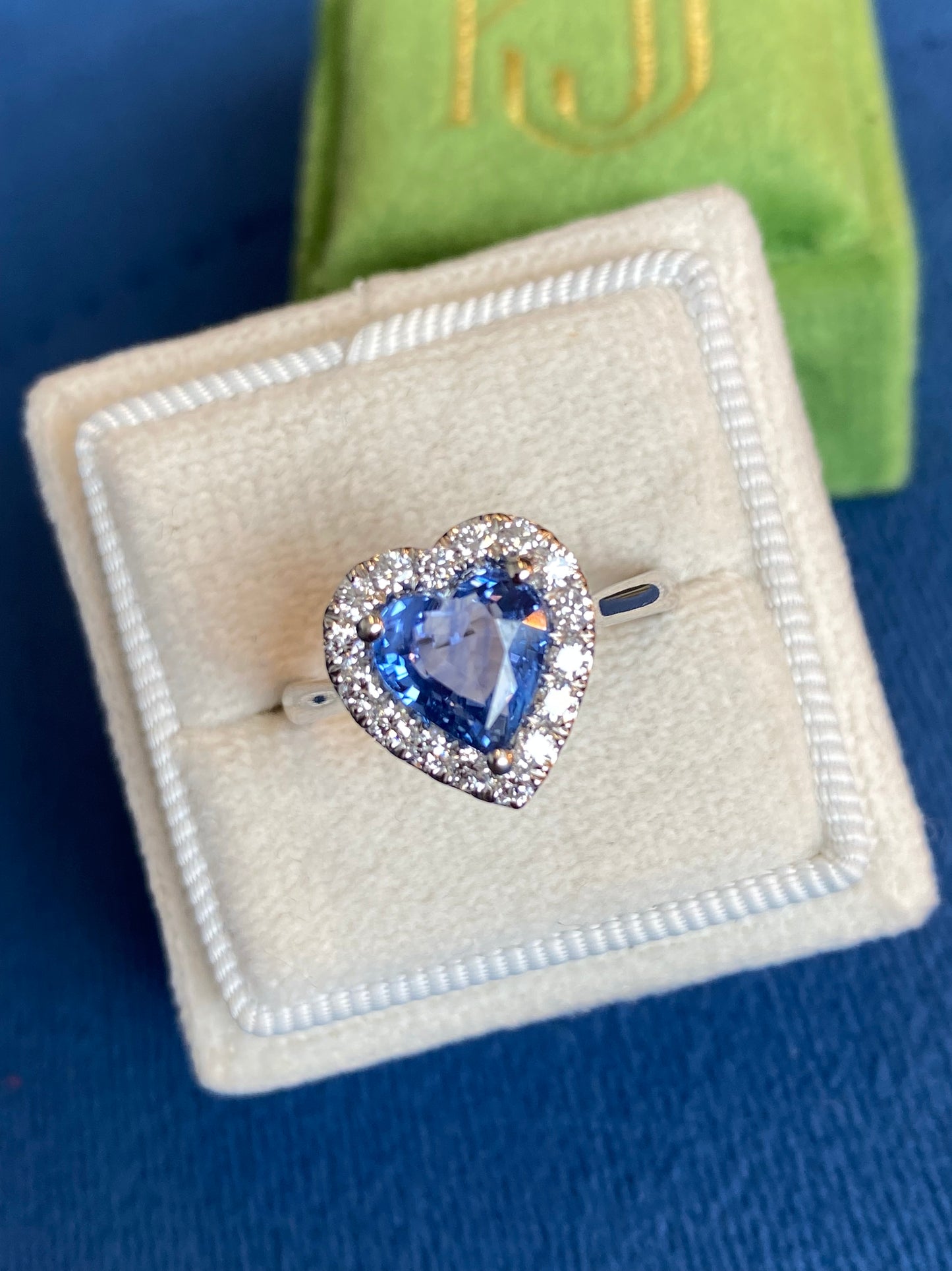 2.06 Carat Heart Shape Ceylon Sapphire and Natural Diamond Halo Ring in Platinum