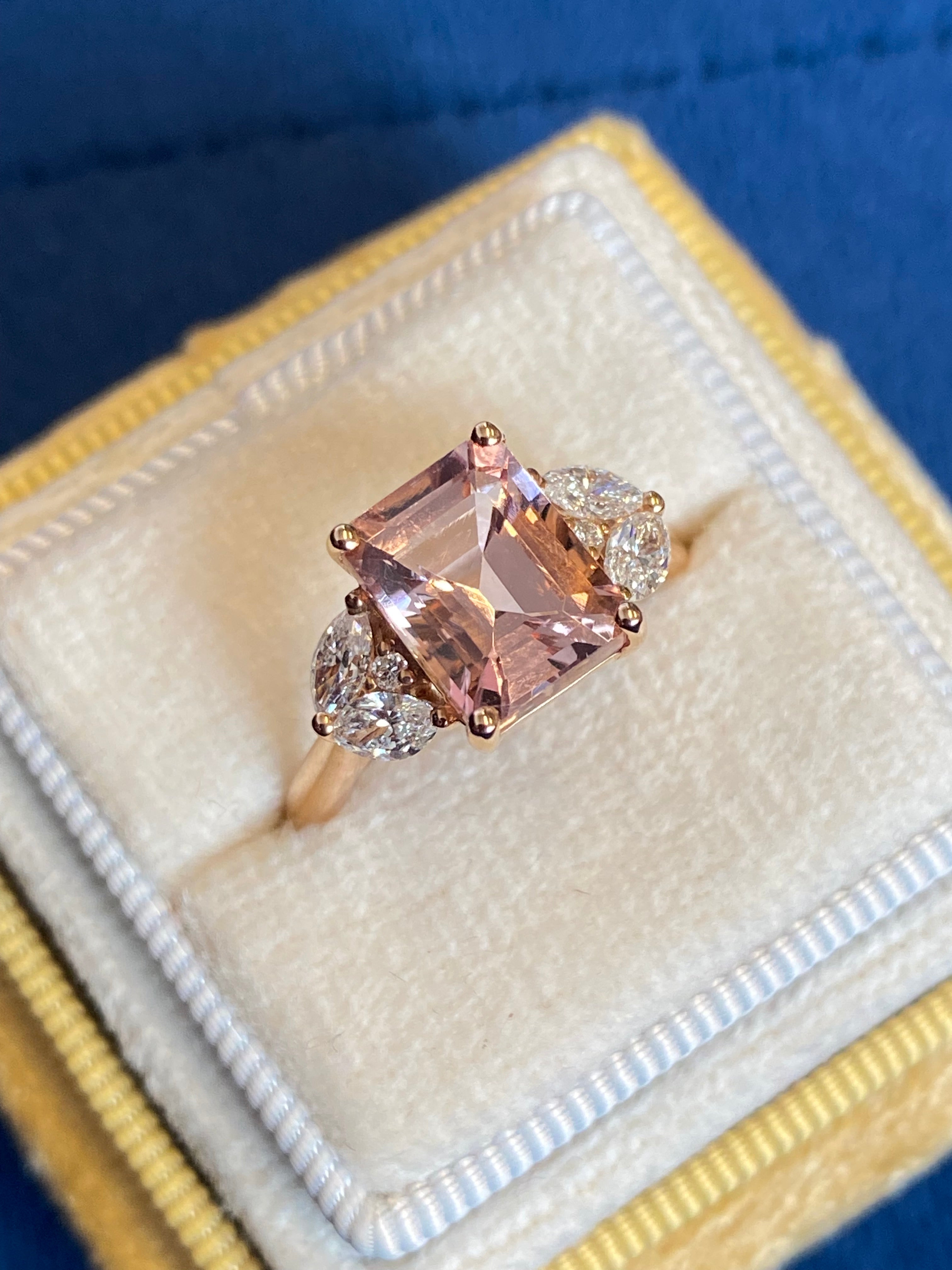 3.25 CTW Emerald Cut Morganite and Diamond Three Stone Engagement Ring in 18ct Rose Gold