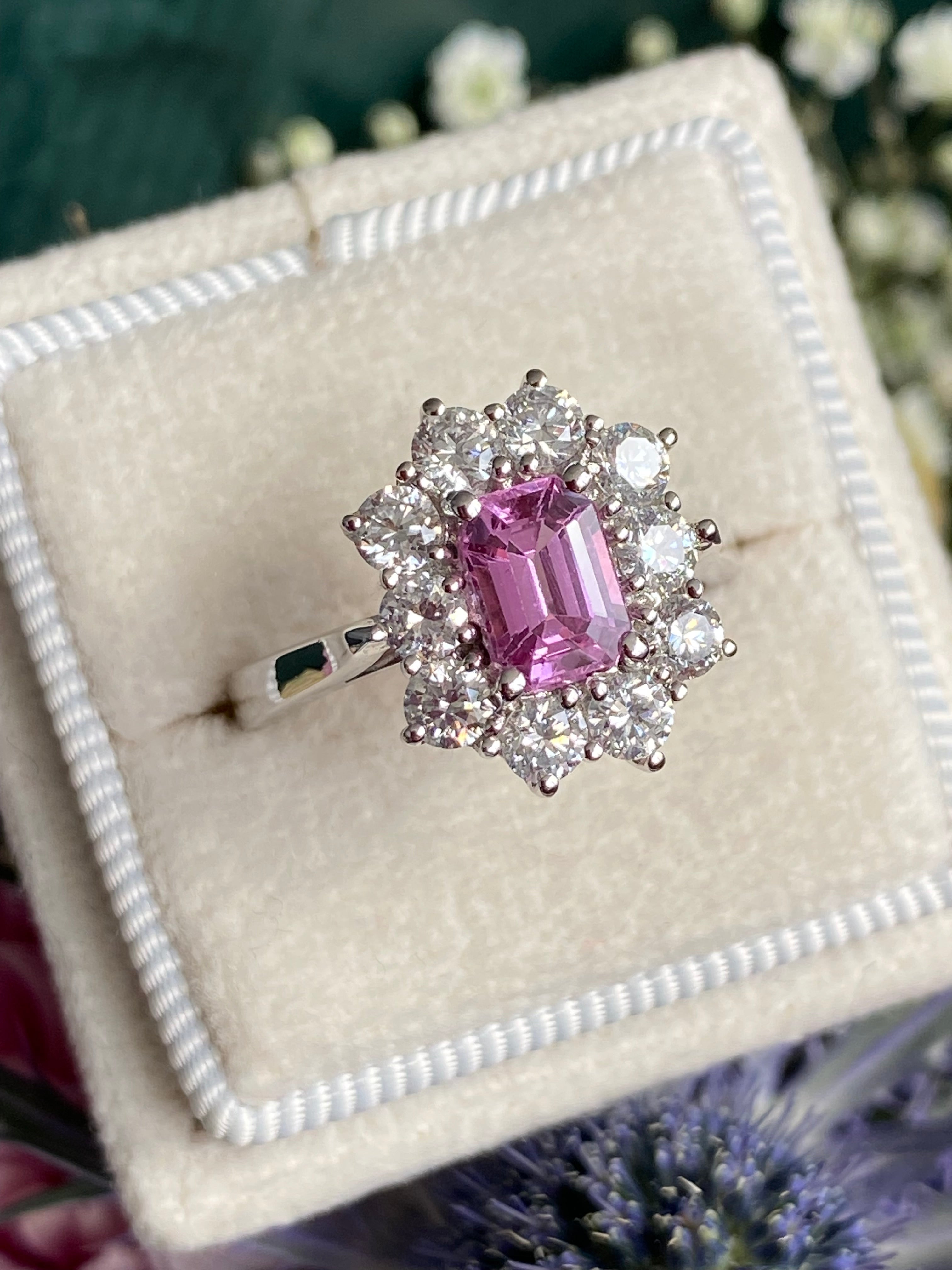 2.33 CTW Emerald Cut Pink Sapphire and Natural Diamond Halo Ring in Platinum