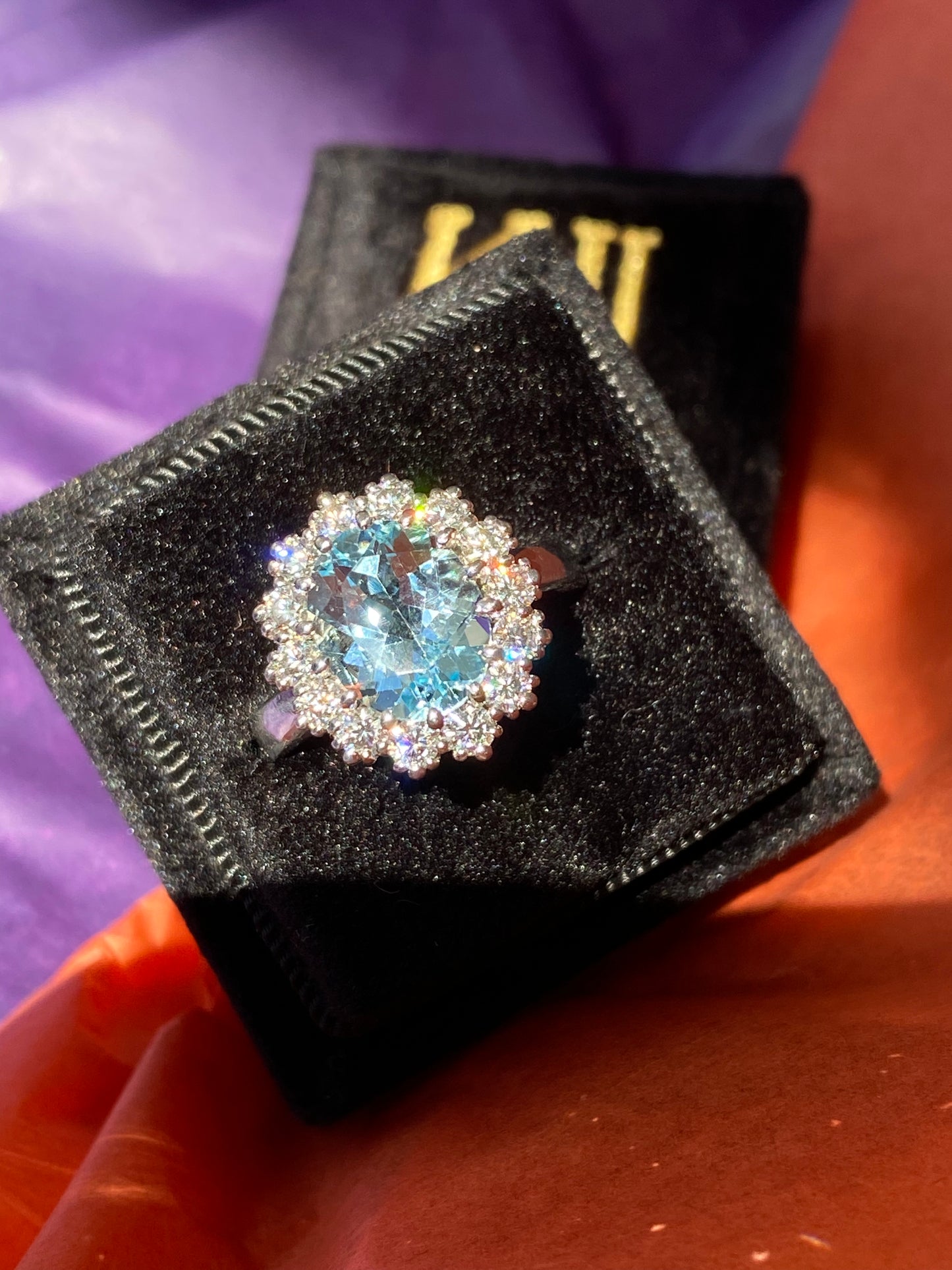 4.50 CTW Oval Cut Blue Topaz and Moissanite Halo Cluster Ring in Sterling Silver