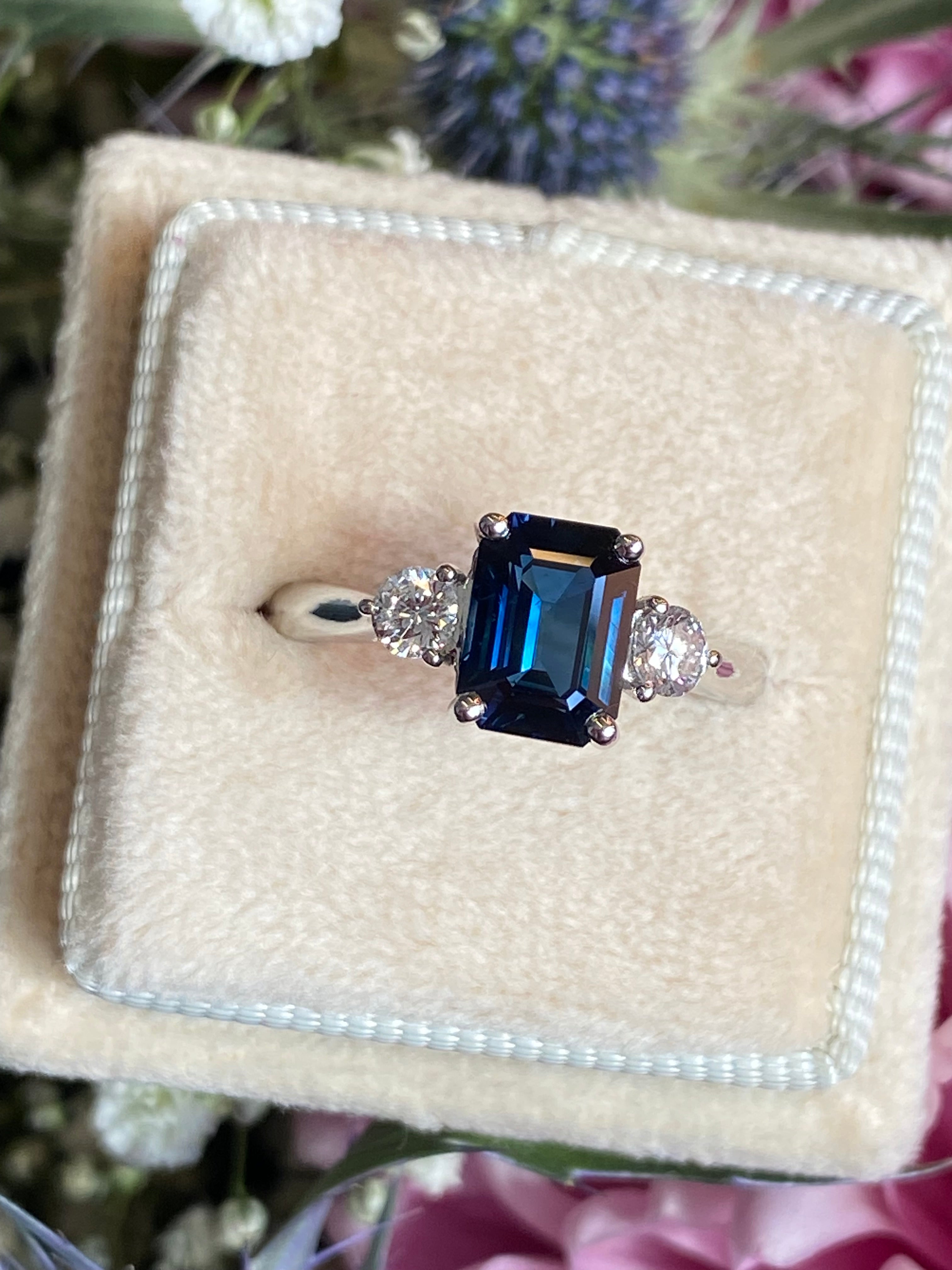 2.04 Carat Teal Sapphire and 0.29 CTW Natural Diamond Three Stone Ring in Platinum