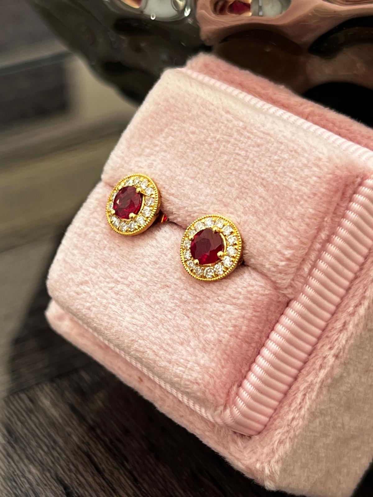 Ruby and Natural Diamond Halo Stud Earrings in 18ct Yellow Gold