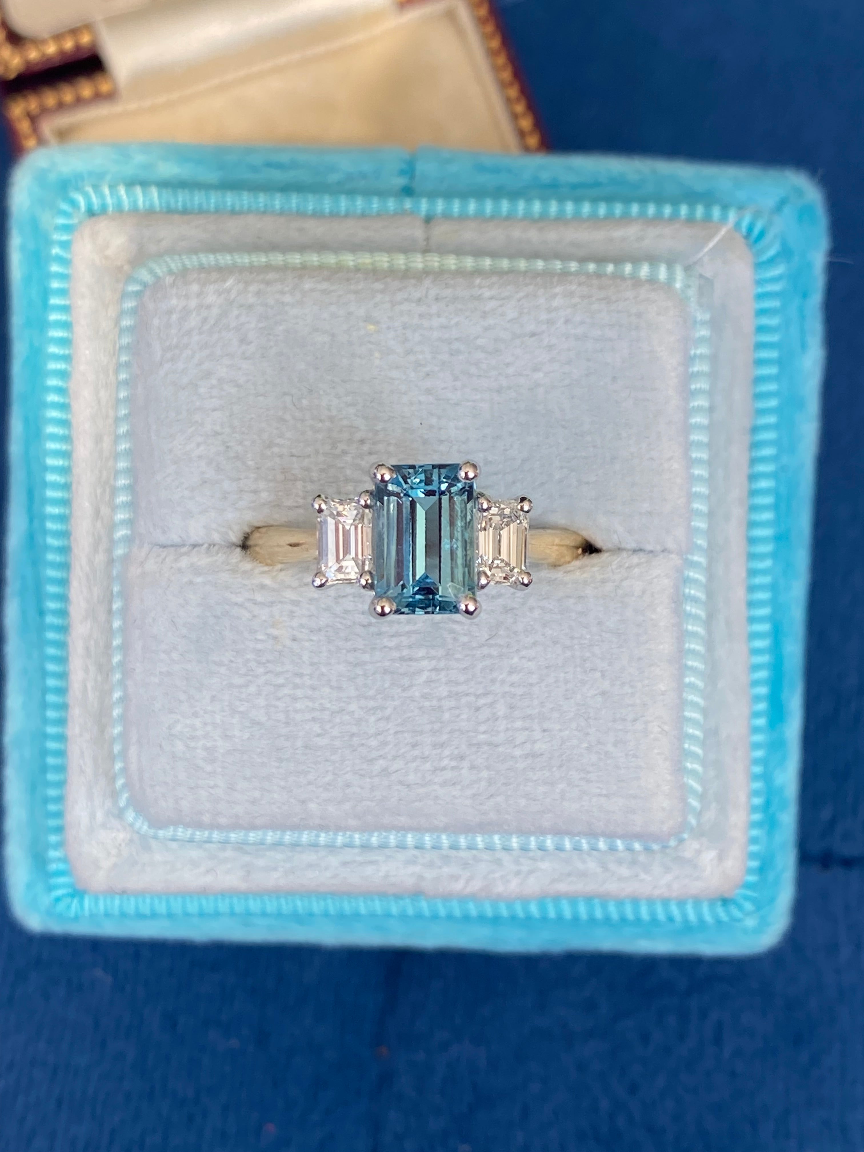 1.73 CTW Aquamarine and Natural Diamond Three Stone Ring in Platinum and 18ct Yellow Gold