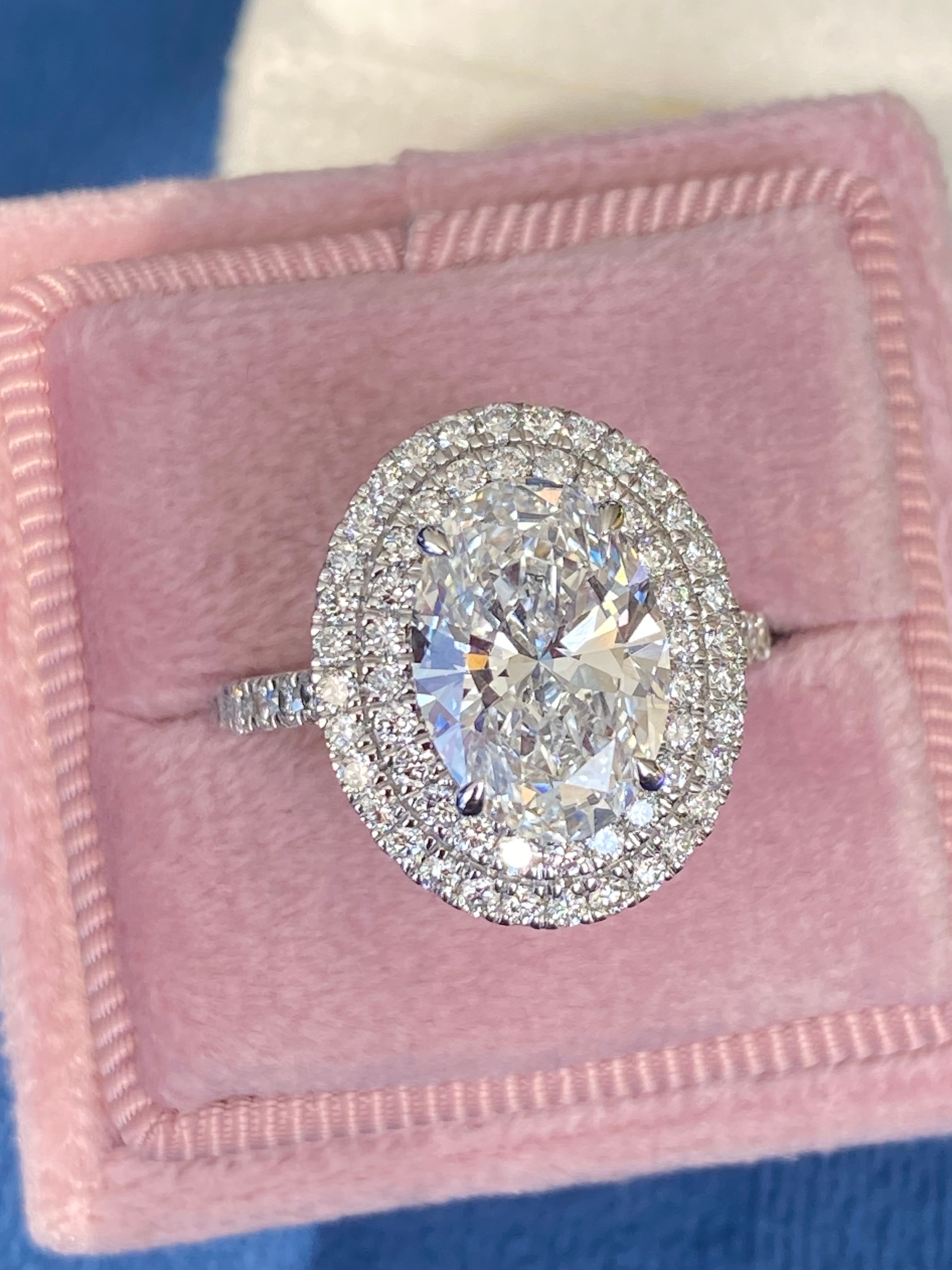 3.92 CTW Oval Cut Lab Diamond Double Halo Engagement Ring in Platinum