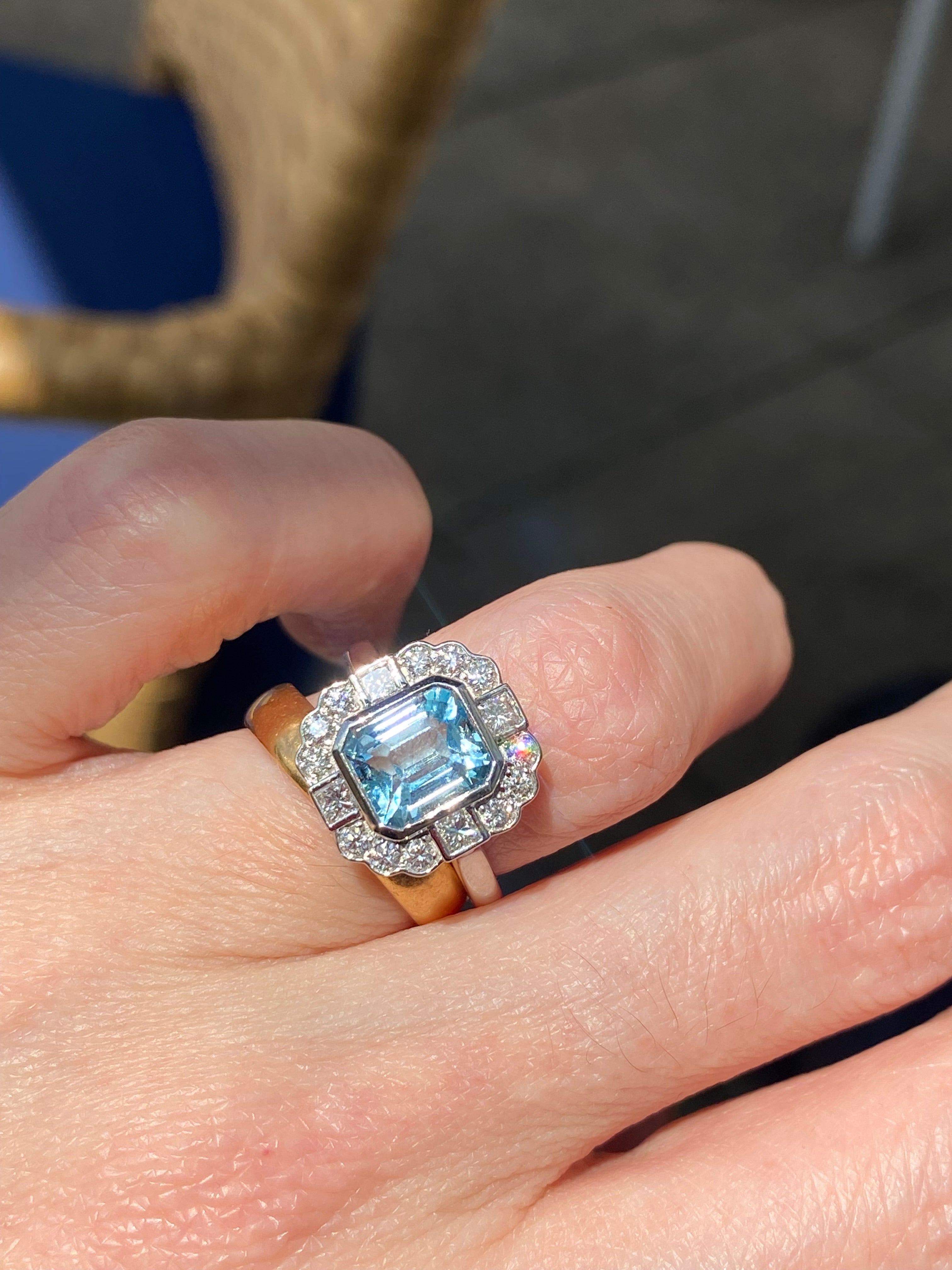 2.23 CTW Emerald Cut Aquamarine and Natural Diamond Engagement Ring in Platinum