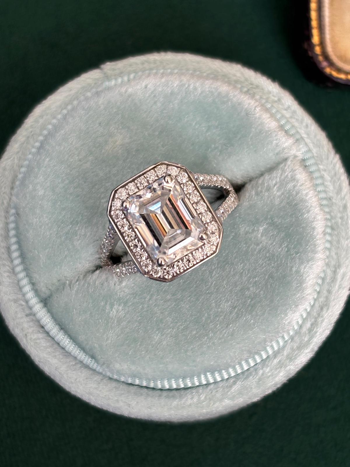 3.10 CTW Emerald Cut Moissanite Halo Ring in Sterling Silver