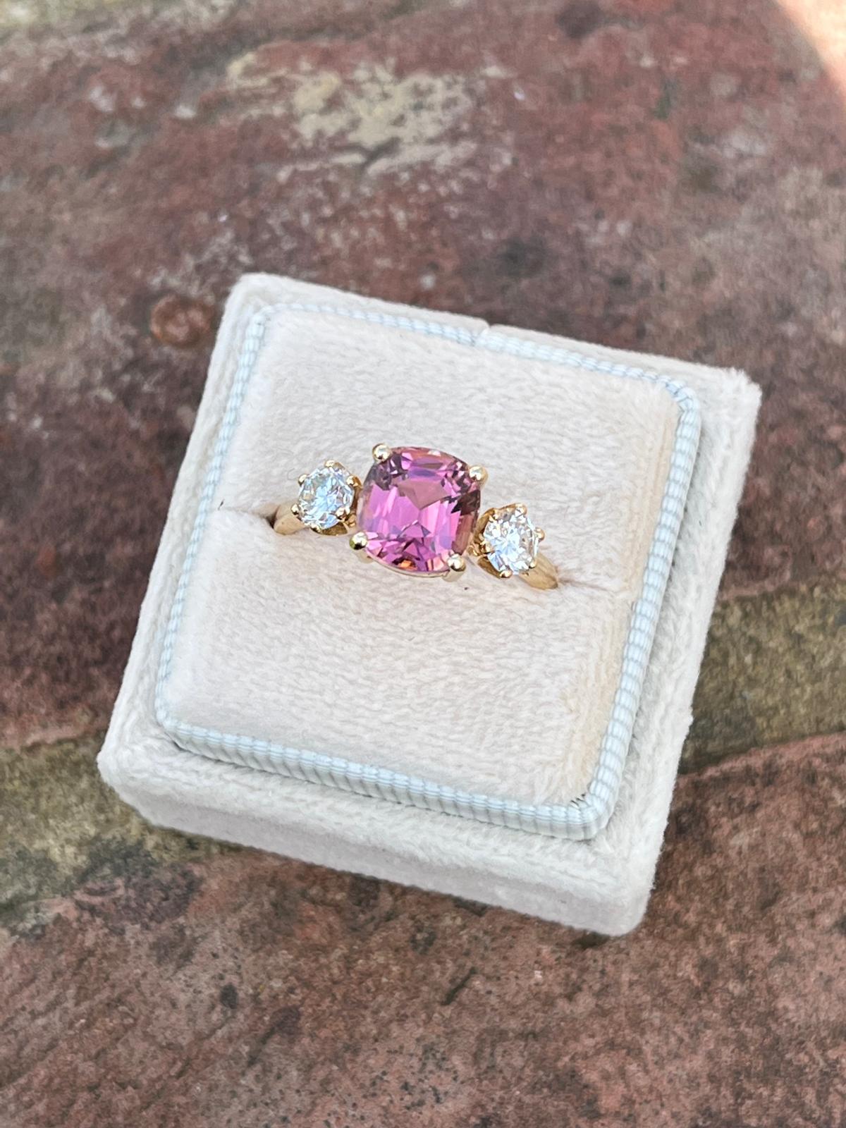 3.12ctw Pink Tourmaline and Natural Diamond Three Stone Ring in 18ct Yellow Gold