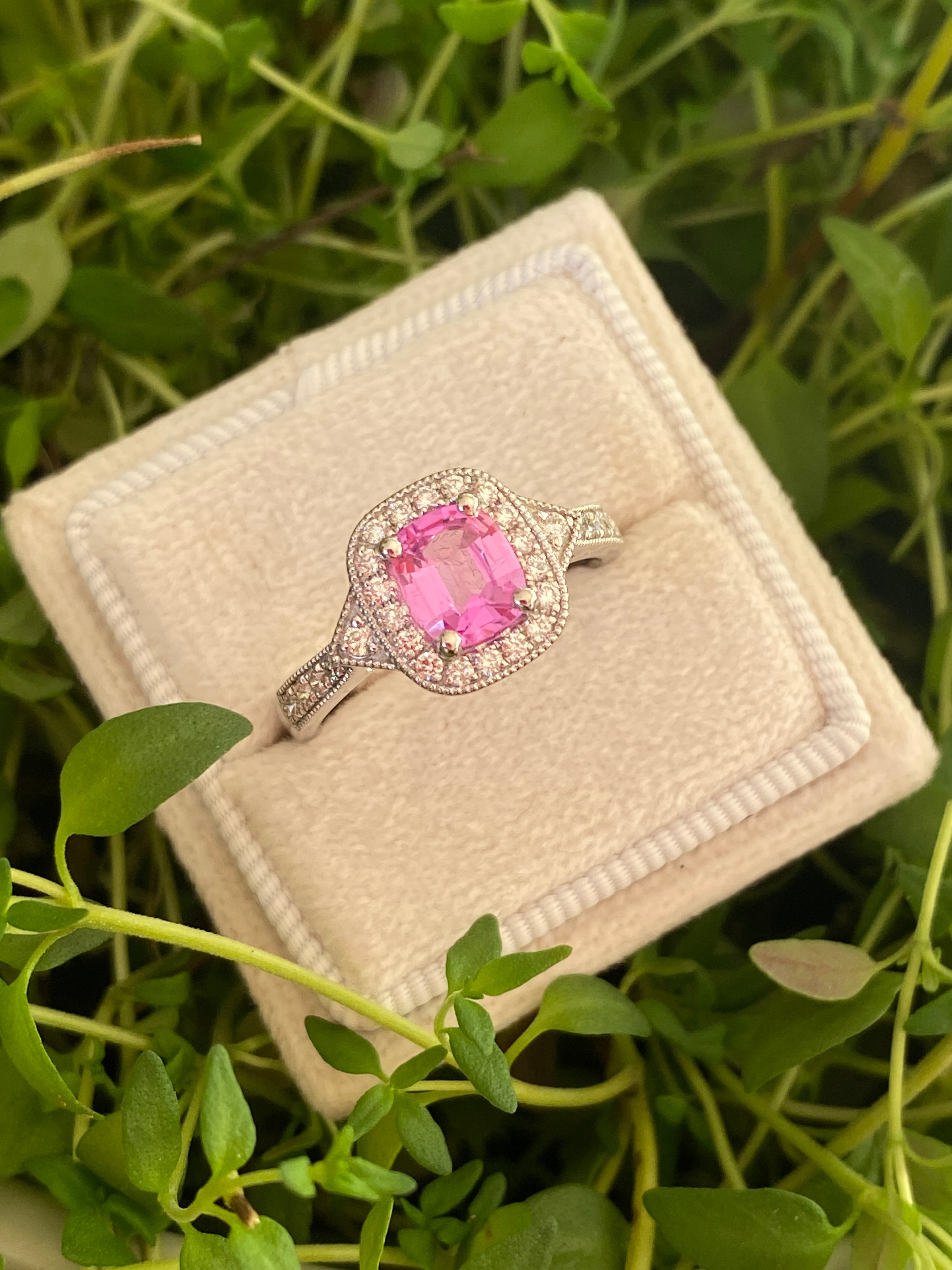 0.98 Carat Cushion Cut Pink Sapphire and 0.28 CTW Natural Diamond Halo Ring in Platinum