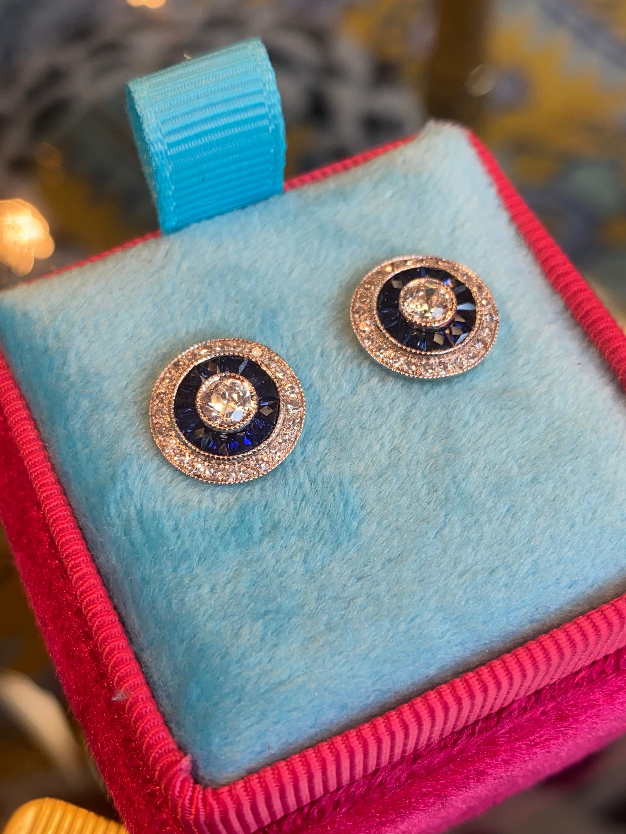 2.00ctw Old Cut Diamond and Sapphire Target Halo Earrings in 18ct Gold