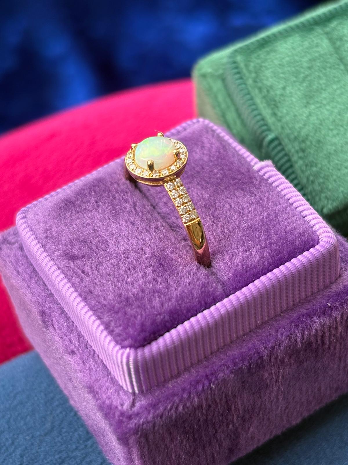 Beautiful Opal and Natural Diamond Halo Ring in 18ct Yellow Gold