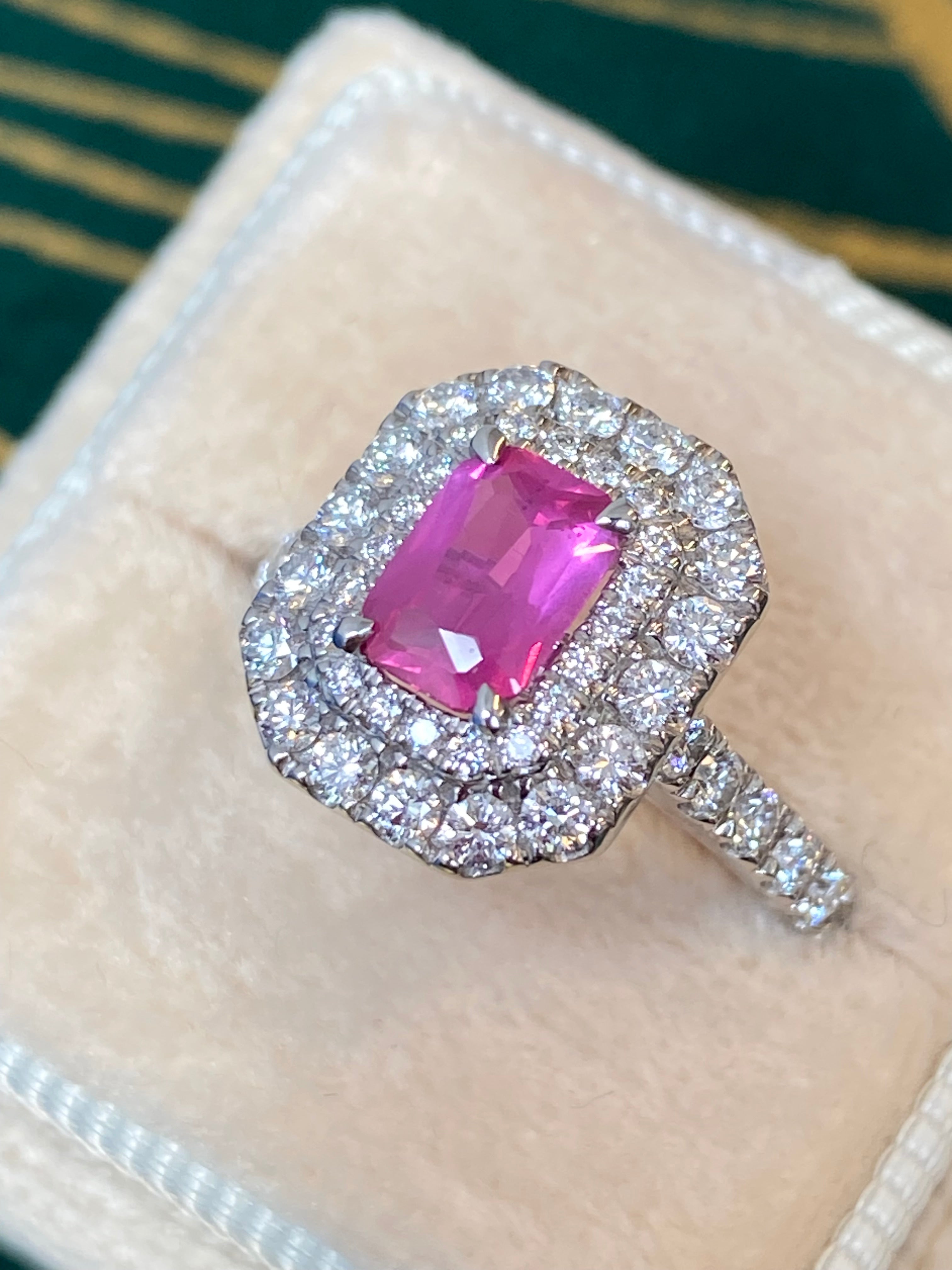 1.75 CTW Radiant Cut Pink Sapphire and Natural Diamond Double Halo Ring in Platinum