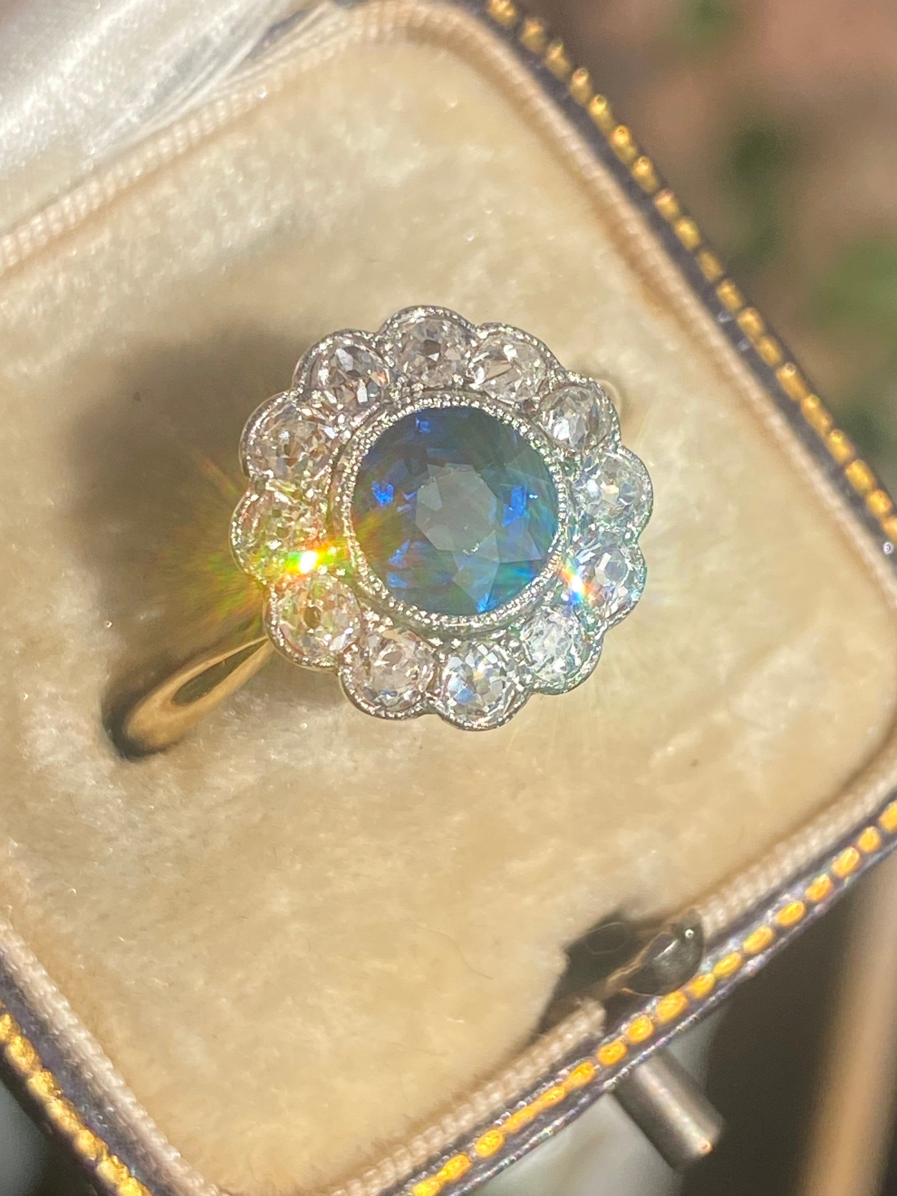 2.25 CTW Antique Edwardian Old Cut Sapphire and Diamond Daisy Ring in 18ct Gold and Platinum