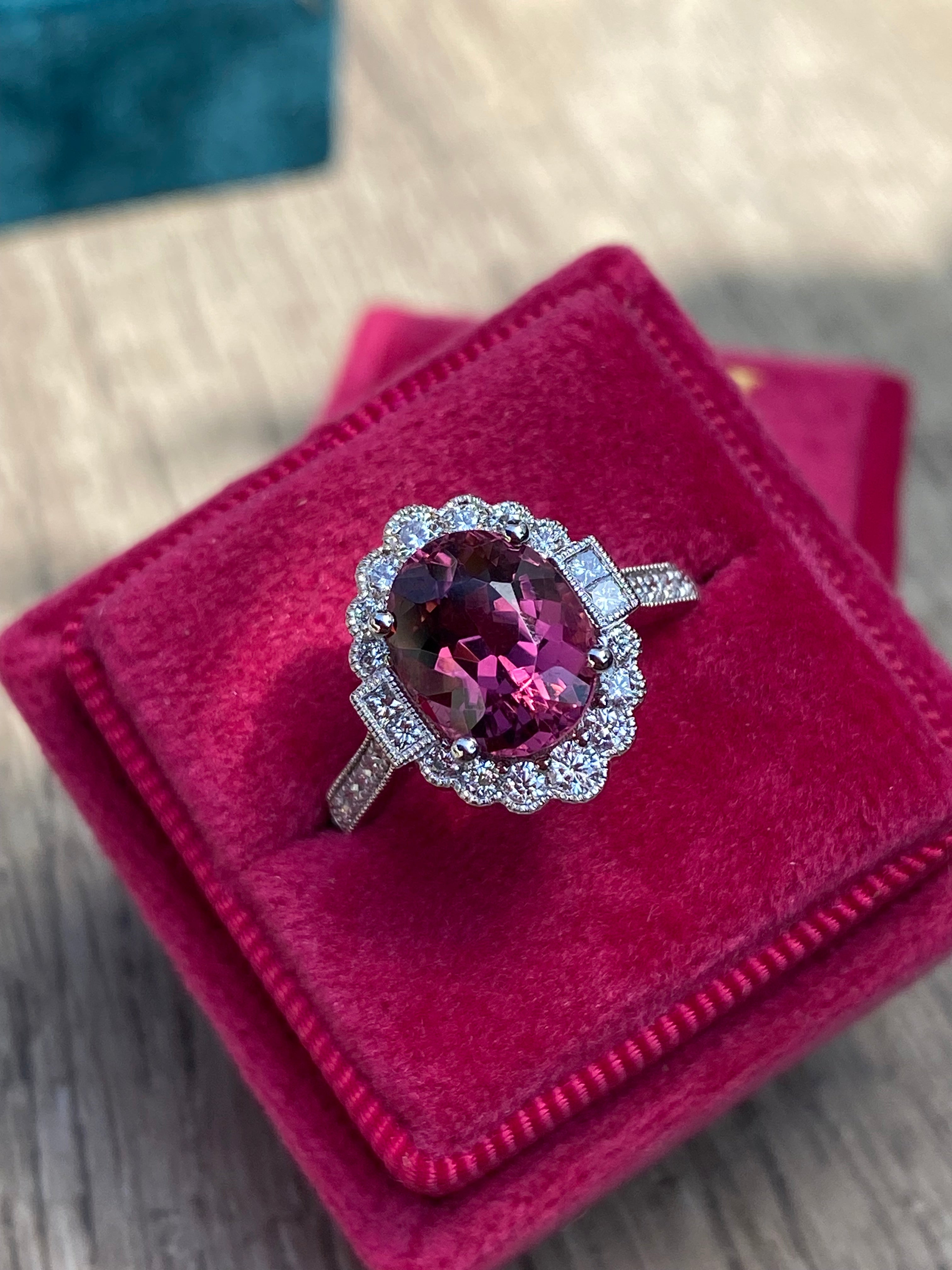 3.13 Carat Oval Cut Pink Tourmaline and Natural Diamond Ring in Platinum