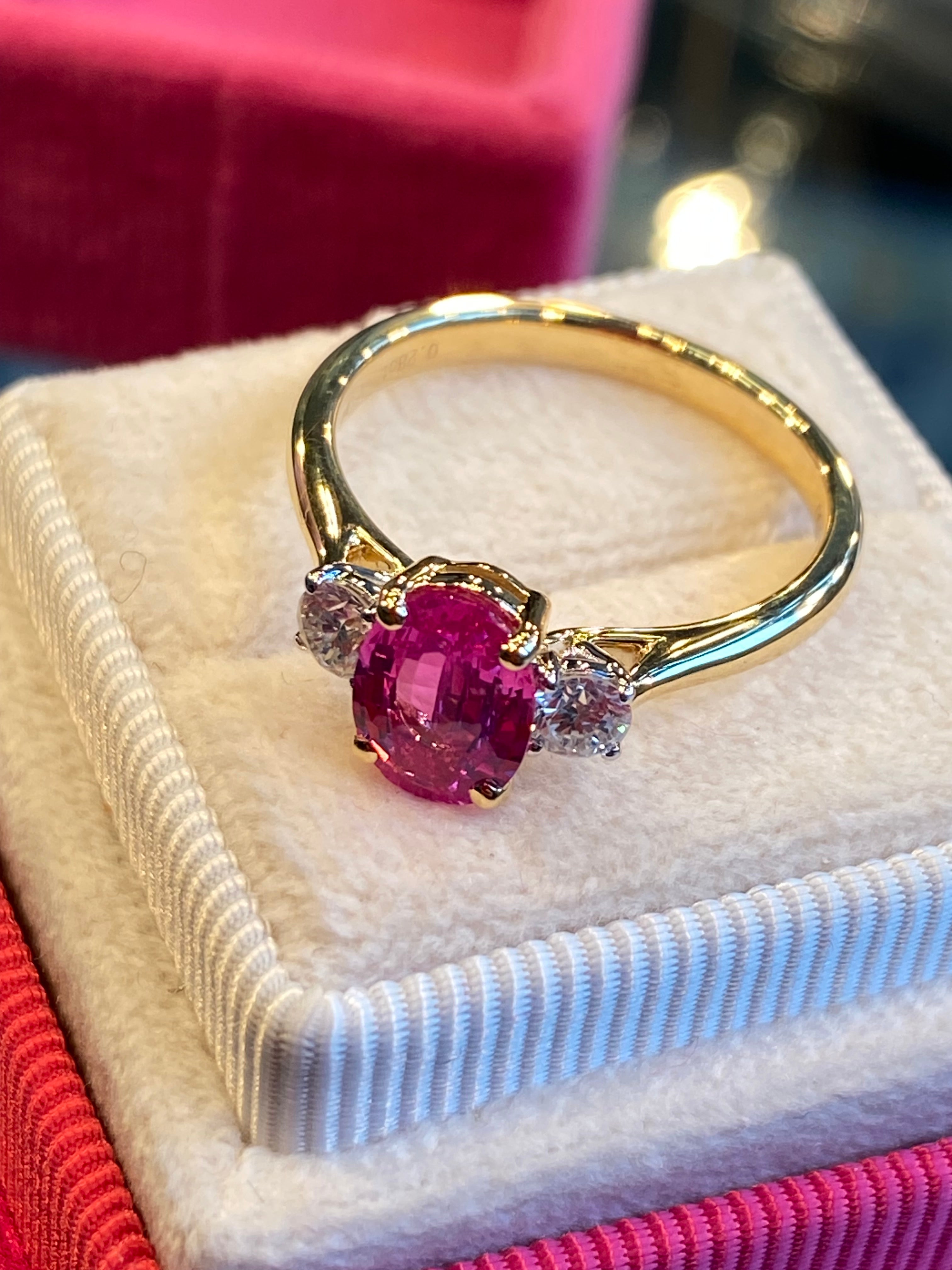 1.23 Carat No Heat Ceylon Pink Sapphire and Natural Diamond Three Stone Engagement Ring in Platinum and 18ct Yellow Gold