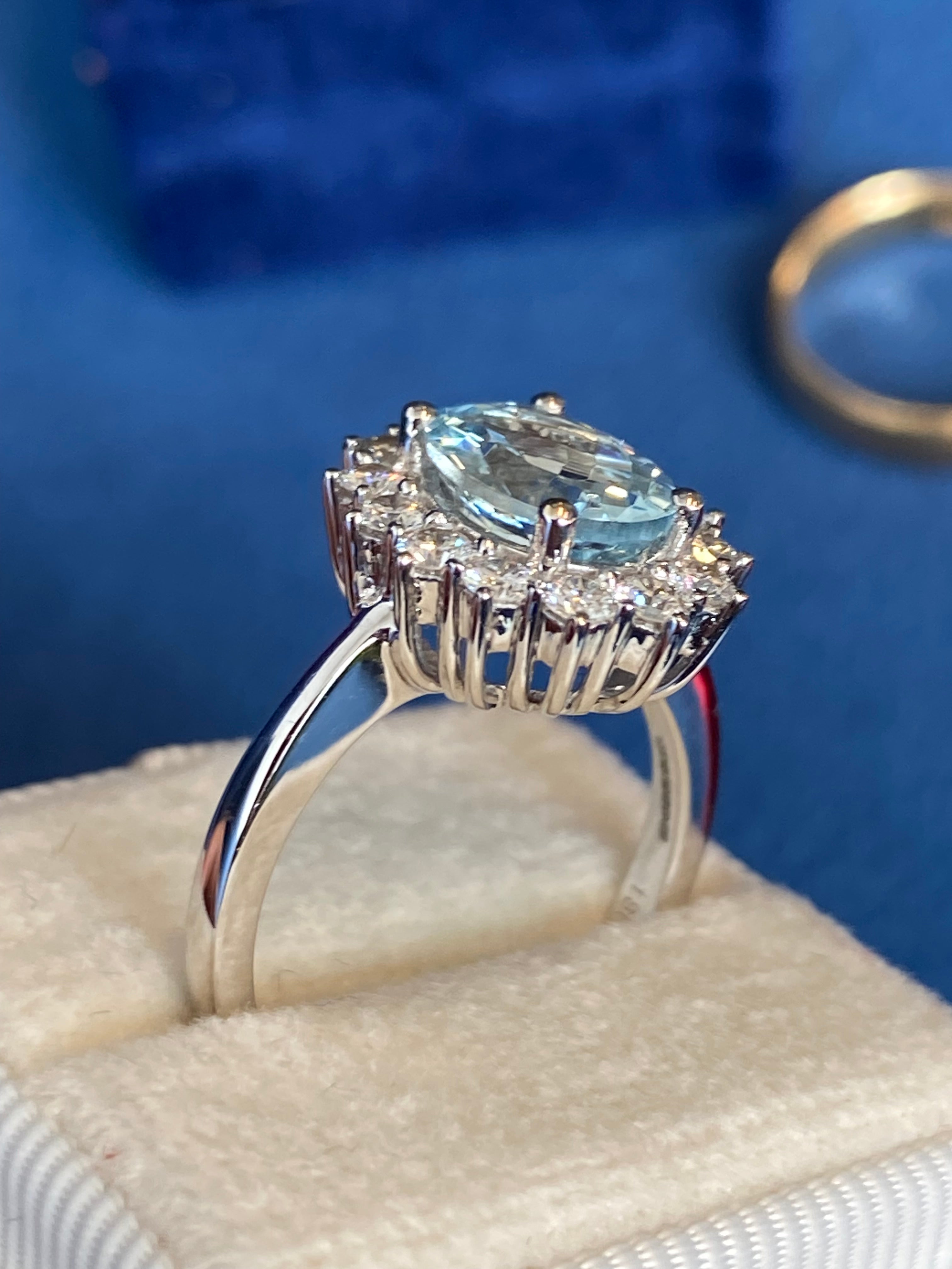2.02 CTW Oval Cut Aquamarine and Natural Diamond Halo Engagement Ring in Platinum