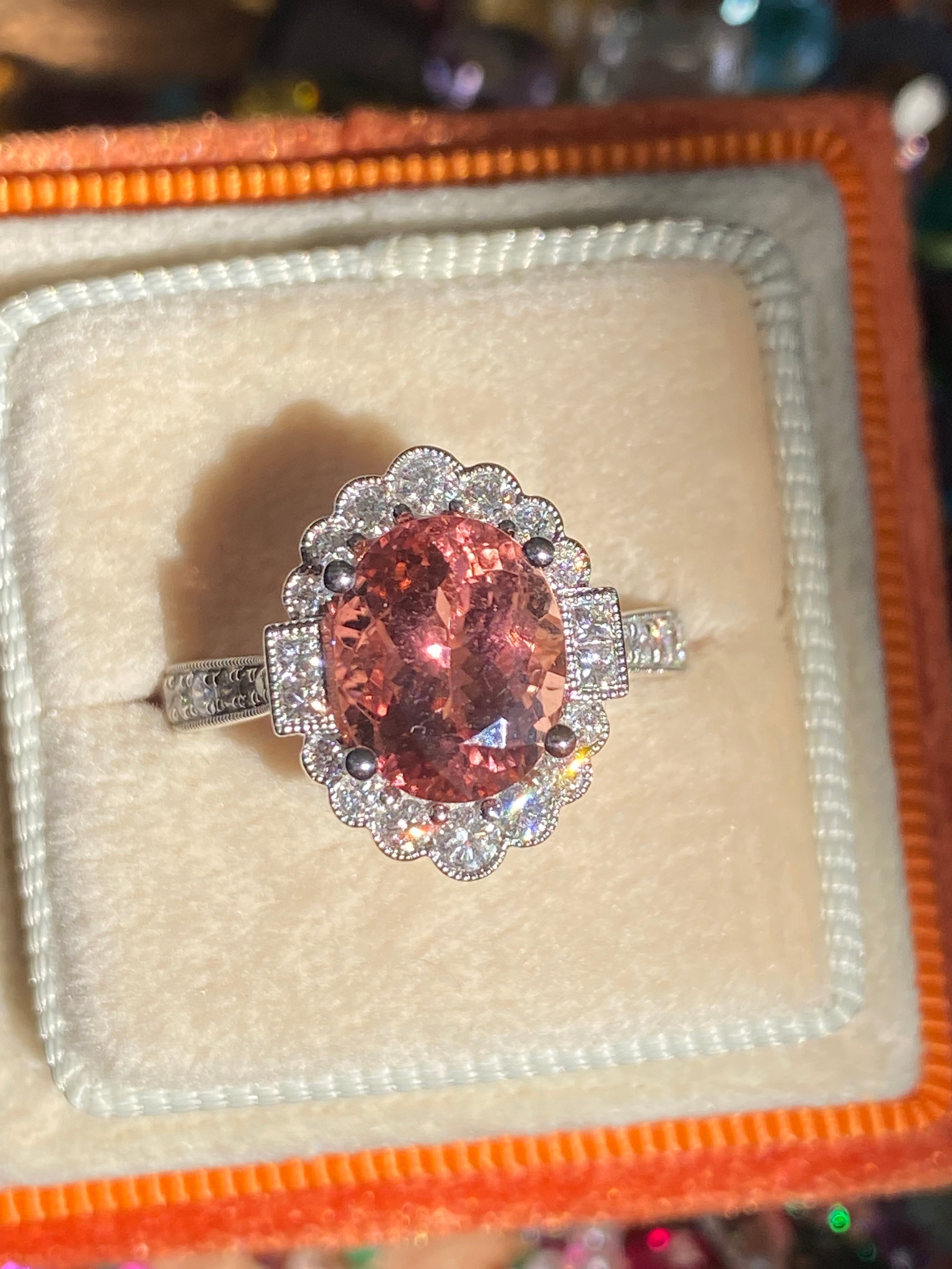 3.69 CTW Rose Tourmaline and Natural Diamond Halo Ring in Platinum