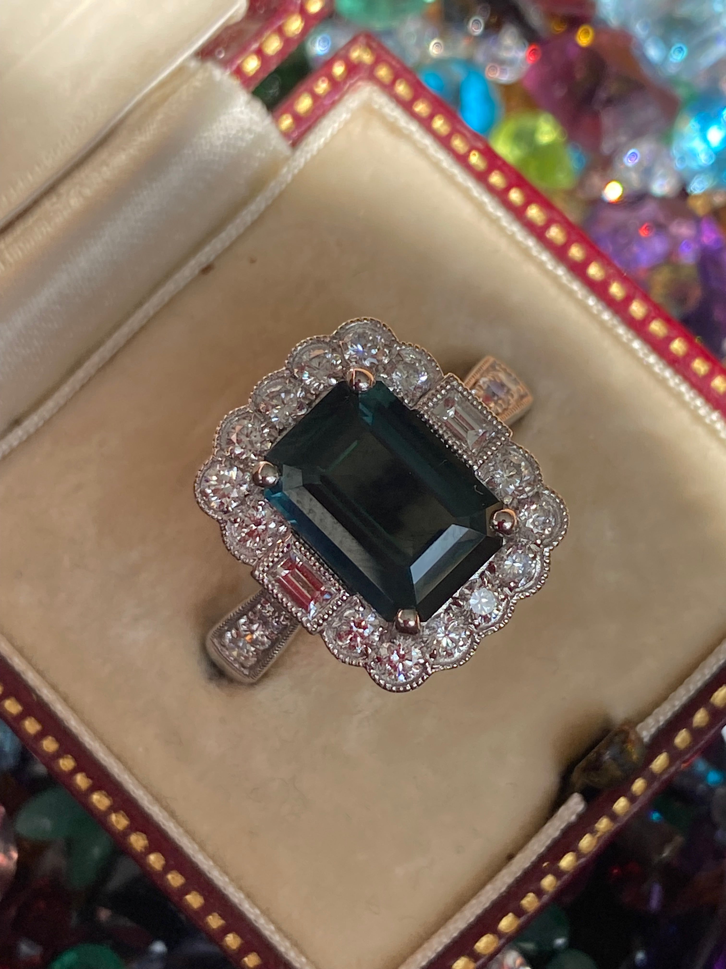 3.73 Carat Teal Sapphire and Natural Diamond Ring in Platinum