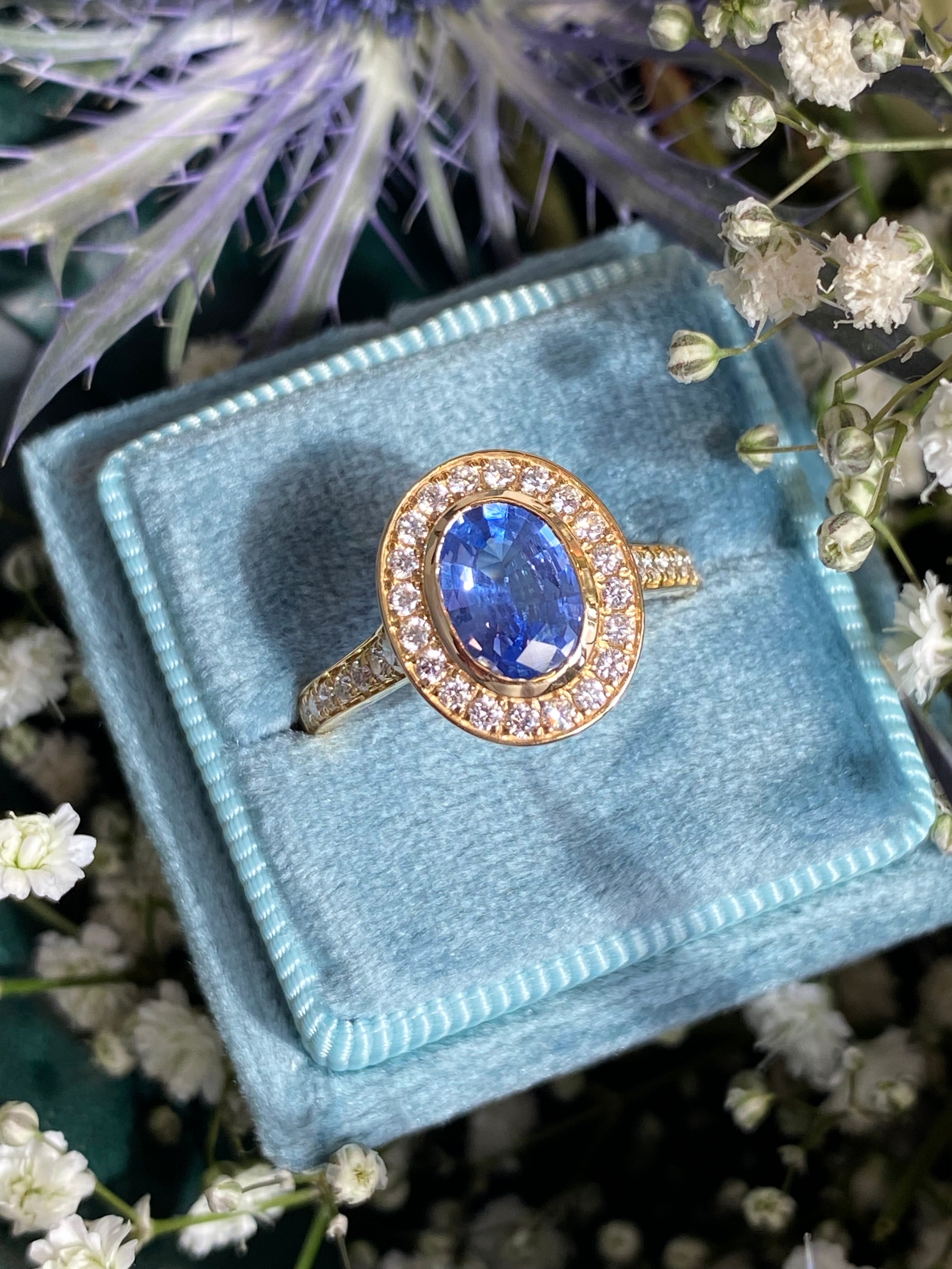 1.64 CTW Violet Sapphire and Natural Diamond Halo Ring in 18ct Yellow Gold