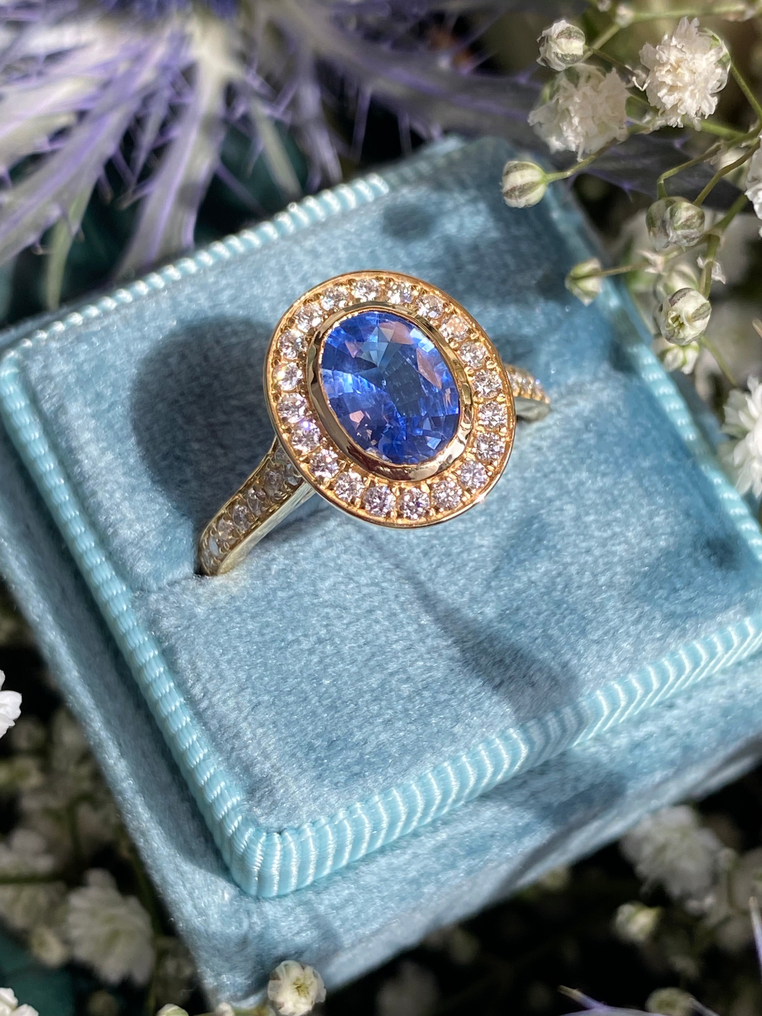 1.64 CTW Violet Sapphire and Natural Diamond Halo Ring in 18ct Yellow Gold